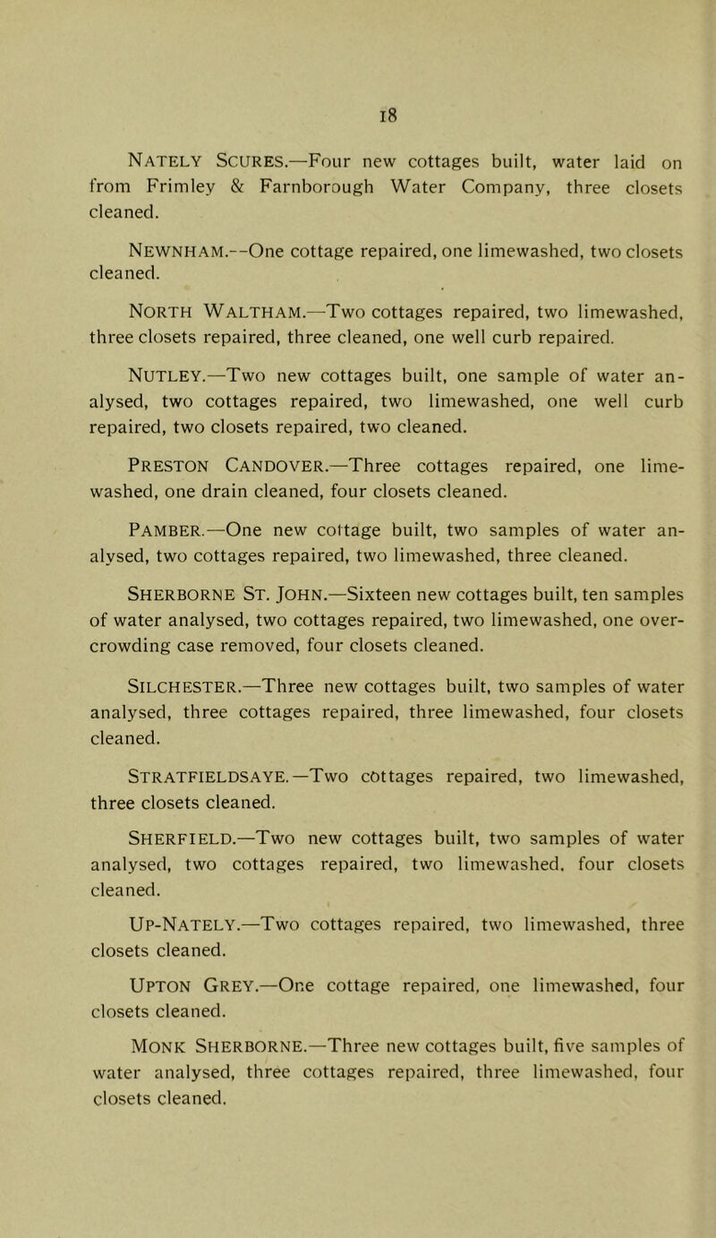 Nately Scures.—Four new cottages built, water laid on from Frimley & Farnborough Water Company, three closets cleaned. New^nham.—One cottage repaired, one limewashed, two closets cleaned. North Waltham.—Two cottages repaired, two limewashed, three closets repaired, three cleaned, one well curb repaired. Nutley.—Two new cottages built, one sample of water an- alysed, two cottages repaired, two limewashed, one well curb repaired, two closets repaired, two cleaned. Preston Candover.—Three cottages repaired, one lime- washed, one drain cleaned, four closets cleaned. Pamber.—One new cottage built, two samples of water an- alysed, two cottages repaired, two limewashed, three cleaned. Sherborne St. John.—Sixteen new cottages built, ten samples of water analysed, two cottages repaired, two limewashed, one over- crowding case removed, four closets cleaned. Silchester.—Three new cottages built, two samples of water analysed, three cottages repaired, three limewashed, four closets cleaned. Stratfieldsaye. —Two cottages repaired, two limewashed, three closets cleaned. Sherfield.—Two new cottages built, two samples of water analysed, two cottages repaired, two limewashed. four closets cleaned. Up-Nately.—Two cottages repaired, two limewashed, three closets cleaned. Upton Grey.—One cottage repaired, one limewashed, four closets cleaned. Monk Sherborne.—Three new cottages built, five samples of water analysed, three cottages repaired, three limewashed, four closets cleaned.