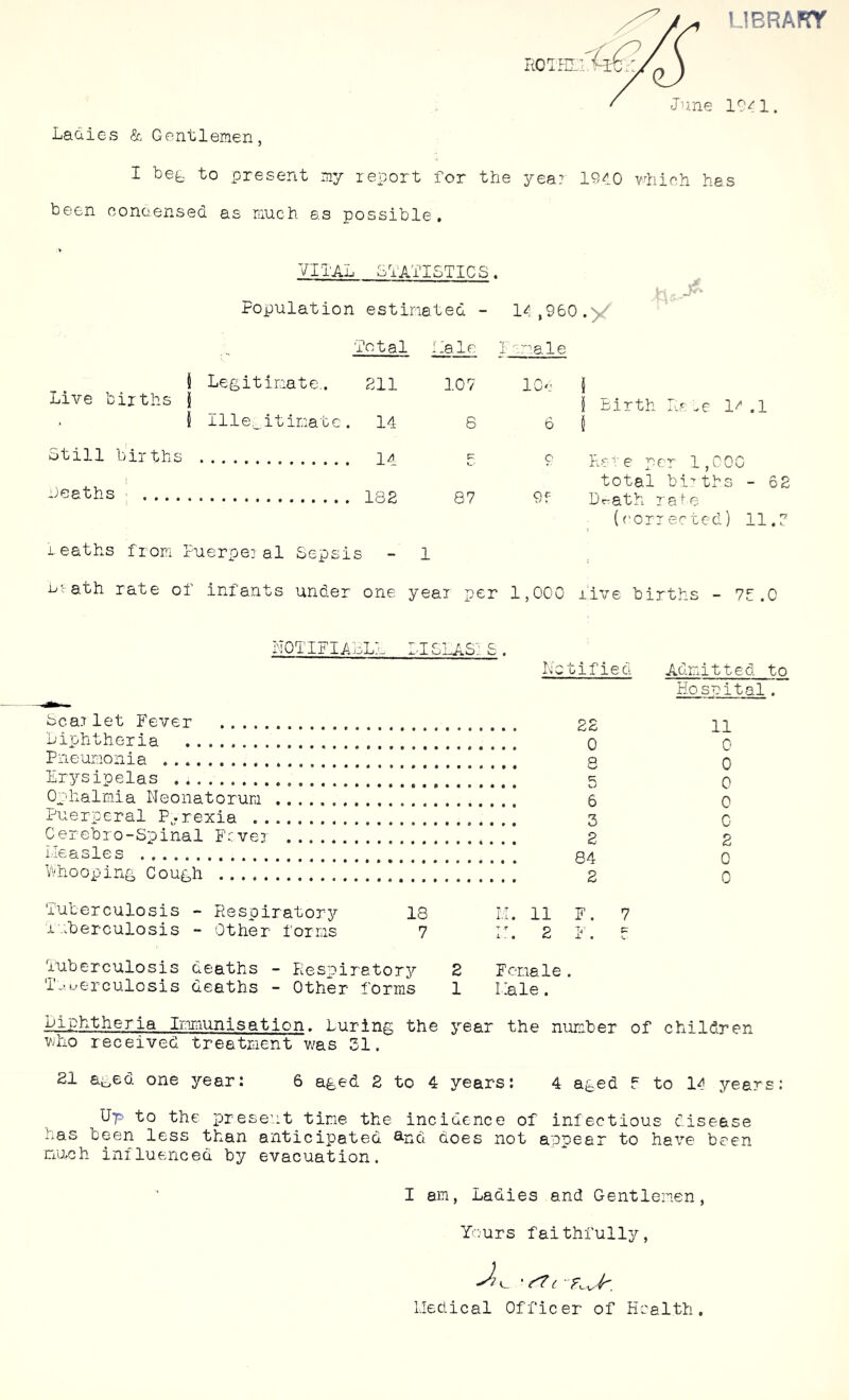 LIBRARY ROTHEL? June 1941. Ladies & Gentlemen, I bet do present my report for the yea? 1940 which has been condensed as much as possible. VITAL STATISTICS. Population estimated - 1/,960. Total hale I male 1 Live births j Legitimate., 211 107 104 1 Illegitimate. 14 8 6 Still births o i Deaths 87 9f heaths from Puerpejal Sepsis - 1 Death rate of infants under one year per 1,000 Birth Re he I' .1 Rare per 1,C0G total births - 62 Dr-ath rat,e (corrected) 11.? NOTIFIABLE- LISLAS. £ . Notified Admitted to Hospital. Sea?let Fever 11 0 o Diphtheria Pneumonia Erysipelas V o Ophalmia Neonatorum o Puerperal Pyrexia c Cerebro-Spinal Fever , . . . 2 p Measles n Whooping Cough 0 Tuberculosis - Respiratory 18 M. 11 F. 7 t vberculosis - Other forms 7 M. 2 F. I Tuberculosis deaths - Respiratory 2 Female. T.-.uerculosis deaths - Other forms 1 Male . Diphtheria Immunisation. Luring the year the number of children who received treatment was 31. 21 aged one year: 6 aged 2 to 4 years: 4 aged f to 14 years: Up to the present tine the incidence of infectious disease has been less than anticipated and does not appear to have been much influenced by evacuation. I am, Ladies and Gentlemen, Yours faithfully, Tu Jr. Medical Officer of Health.