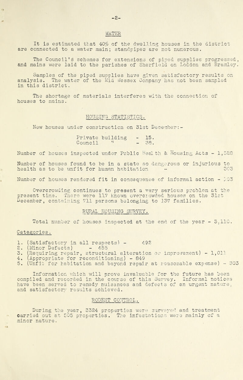 -2- WATER It is estimated that 40% of the dwelling houses in the district are connected to a water main; standpipes are not numerous. The Council's schemes for extensions of piped supplies progressed, and mains were laid to the parishes of Sherfield on Loddon and Bramley. Samples of the piped supplies have given satisfactory results on analysis. The water of the Mid Wessex Company has not been sampled in this district. The shortage of materials interferes with the connection of houses to mains. HOUSING STATISTICS. New houses under construction on 31st December Private building - 15. Council  38. Number of houses inspected under Public Health & Housipg Acts - 1,528 Number of houses found to be in a state so dangerous or injurious to health as to be unfit for human habitation - 3C3 Number of houses rendered fit in consequence of informal action - 103 Overcrowding continues to present a very serious problem at the present time. There were 117 known overcrowded houses on the 31st December, containing 711 persons belonging to 137 families. RURAL HOUSING SURVEY. Total number of houses inspected at the end of the year - 3,110. Categories. 1. (Satisfactory in all respects) - 492 2. (Minor Defects) - 455 3. (Requiring repair, structural alteration or improvement) - 1,011 4. (Appropriate for reconditioning) - 849 5. (Unfit for habitation and beyond repair at reasonable expense) - 303 Information which will prove invaluable for the future has been compiled and recorded in the course of this Survey. Informal notices have been served to remedy nuisances and defects of an urgent nature, and satisfactory results achieved. RODENT CONTROL. During the year, 3324 properties were surveyed and treatment carried out at 505 properties. The infestations were mainly of a minor nature.