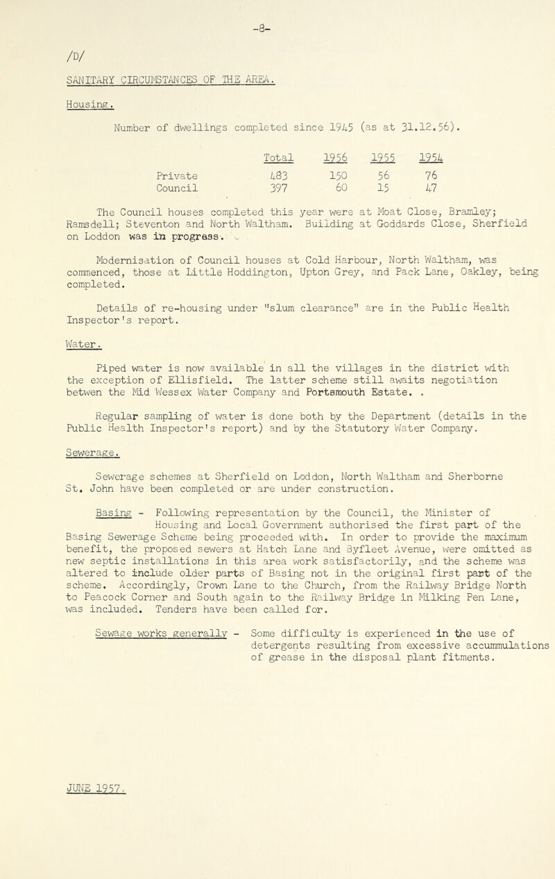 -3- /D/ SANITARY CIRCUMSTANCES OF THE AREA. Housing.. Number of dwellings completed since 1945 (as at 31.12.56). Total 1956 1955 1954 Private 433 150 56 ?6 Council 397 60 15 47 The Council houses completed this .year were at Moat Close, Bramley; Ramsdell; Steventon and North Waltham. Building at Goddards Close, Sherfield on Loddon was in progress-, a. . Modernisation of Council houses at Cold Harbour, North Waltham, was commenced, those at Little Hoddington, Upton Grey, and Pack Lane, Oakley, being completed. Details of re-housing under slum clearance are in the Public Health Inspector's report. Water. Piped water is now available in all the villages in the district with the exception of Ellisfield. The latter scheme still awaits negotiation betwen the Mid Wessex Water Company and Portsmouth Estate. . Regular sampling of water is done both by the Department (details in the Public Health Inspector’s report) and by the Statutory Water Company. Sewerage. Sewerage schemes at Sherfield on Loddon, North Waltham and Sherborne St. John have been completed or are under construction. Basing - Following representation by the Council, the Minister of Housing and Local Government authorised the first part of the Basing Sewerage Scheme being proceeded with. In order to provide the maximum benefit, the proposed sewers at Hatch Lane and Byfleet Avenue, were omitted as new septic installations in this area work satisfactorily, and the scheme was altered to include older parts of Basing not in the original first part of the scheme. Accordingly, Crown Lane to the Church, from the Railway Bridge North to Peacock Corner and South again to the Railway Bridge in Milking Pen Lane, was included. Tenders have been called for. Sewage works generally - Some difficulty is experienced in the use of detergents resulting from excessive accummulations of grease in the disposal plant fitments. JUNE 1957.