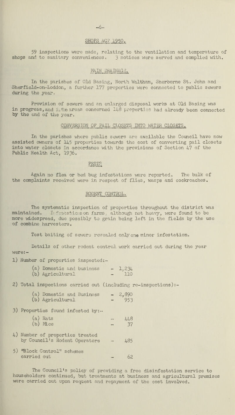 -6. SHOPS ACJ' 1950. 59 inspections were made, relating to the ventilation and temperature of shops and to sanitary conveniences, 3 notices were served and complied with. MAIN PRADIAGl, In the parishes of Old Basing, North Waltham, Sherborne St, John and Sherfield-on-Loddon, a furtlier 177 properties were connected to public sewers during the year. Provision of sewers and an enlarged disposal works at Old Basing was in progress,and i^tie areas concerned 148 properties had already been connected by the end of the year, COWERS ION OF PAIL CLOSETS INTO WAT5R CIOSETS. In the parishes vhere public sewers are available the Council have now assisted owners of 145 properties towards the cost of converting pail closets into water closets in accordance with the provisions of Section 47 of the Public Health Act, 1936, .PESTS Again no flea or bed bug infestations were reported. The bulk of the complaints received were in respect of flies, wasps and cockroaches. RODENT CONTROL, The systematic inspection of properties throughout the district was maintained, L fcocations on farms , although not heavy, were found to be more widespread, due possibly to grain being left in the fields by the use of combine harvesters. Test baiting of sewers revealed only one minor infestation. Details of other rodent controJ. work carried out during the year were:- 1) Number of properties inspected:- (a) Domestic and business - 1,234 (b) Agricultural - 110 2) Total inspections carried out (including re-inspections) (a) Domestic and Business - 2,890 (b) Agricultural - 953 3) Properties found infested by:- (a) Piats ... 448 (b) Mice - 37 4) Number of properties treated by Council's Rodent Operators - 485 5) Block Control schemes carried out - 62 The Council's policy of providing a free disinfestation service to householders continued, but treatments at business and agricultural premises were carried out upon request and repayment of the cost involved.