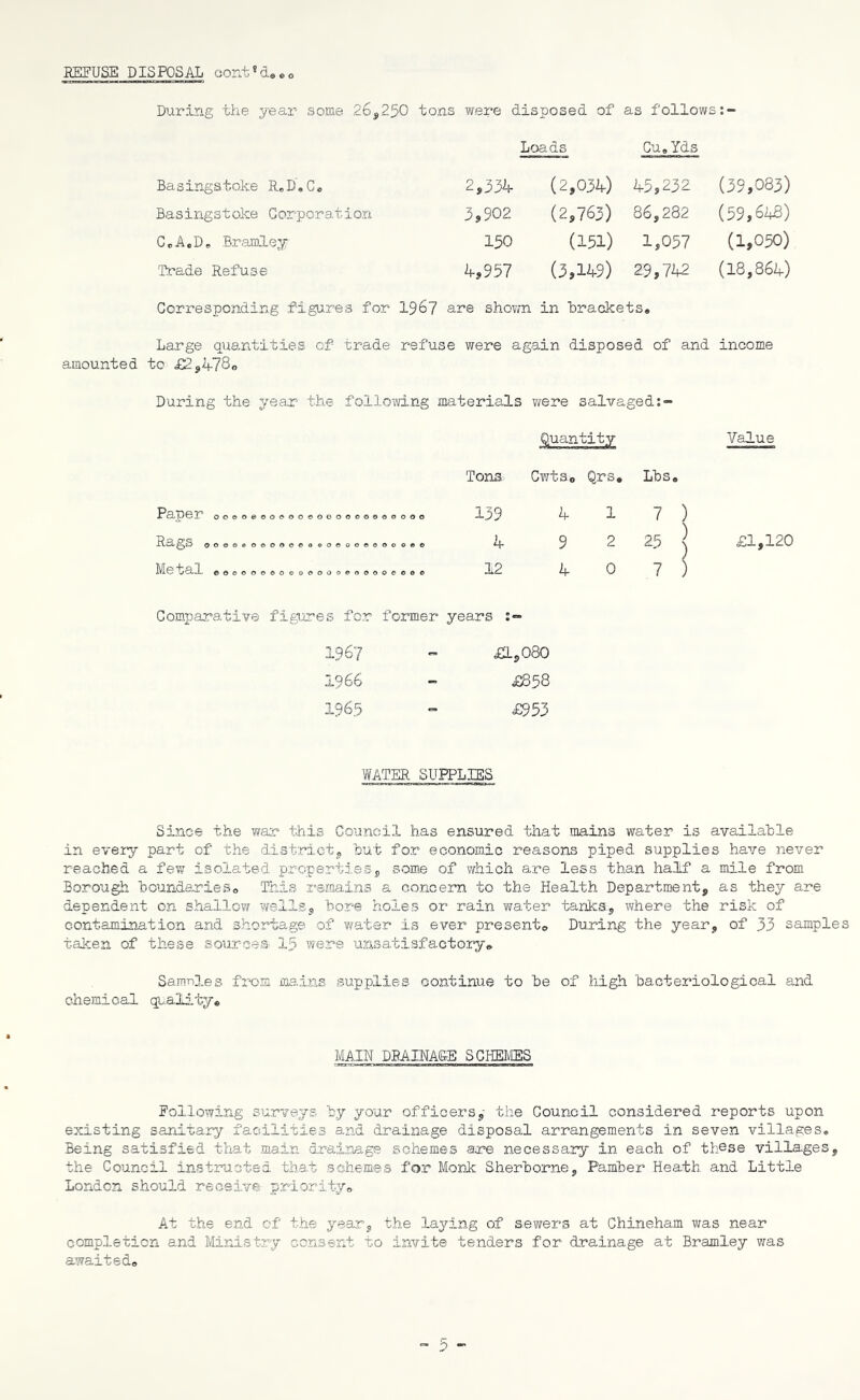 REFUSE DISPOSAL oont8 d, «<, During the year some 26,250 Basingstoke R,D.C® Basingstoke Corporation C,A.D, Bramley Trade Refuse Corresponding figures for 1 Large quantities of trade r amounted to £2,478® tons were disposed of as follows Loads Cu» Yds 2,334 (2,034) 45, 232 (39,083) 3,902 (2,765) 86, 282 (59,648) 150 (151) 1, 057 (1,050) 4,957 (3,149) 29, 742 (18,864) are shown in brackets# •efuse were again disposed of and income During the year the following materials were salvaged Paper Rags Metal ooooeooe-oooooooooaooooo oo©oeo©ooeoo©oooo©ooooeo ©oooooooooooooeoooooooo Tons CwtSo Qrs, Lbs# 139 4 17) 4 9 2 25 ] 12 4 0 7 ) Value £1,120 Comparative figures for former years 1967 - £L,080 I966 — £858 1965 ~ £953 WATER SUPPLIES Since the war this Council has ensured that mains water is available in every part of the district, but for economic reasons piped supplies have never reached a few isolated properties, some of which are less than half a mile from Borough 'boundaries® This remains a concern to the Health Department, as they are dependent on shallow wells, bore holes or rain water tanks, where the risk of contamination and shortage of water is ever present® During the year, of 33 samples taken of these sources 15 were unsatisfactory® SamrG.es from mains supplies continue to be of high bacteriological and chemical quality® MAIN DRAINAGE SCHEIvffiS Following surveys by your officers, the Council considered reports upon existing sanitary facilities and drainage disposal arrangements in seven villages. Being satisfied that main drainage schemes are necessary in each of these villages, the Council instructed that schemes for Monk Sherborne, Pamber Heath and Little London should receive priority® At the end of the year, the laying of sewers at Chineham was near completion and Ministry consent to invite tenders for drainage at Bramley was awaited.