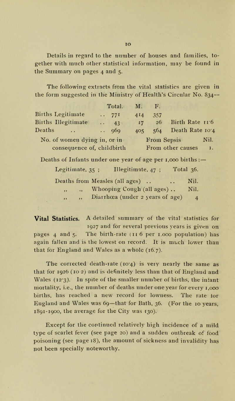 lO Details ill regard to the number of houses and families, to- gether with much other statistical information, may be found in the Summary ou pages 4 and 5. The following extracts from the vital statistics are given in the form suggested in the Ministry of Health’s Circular No. 834- Total. M. F. Births Legitimate • • 771 414 357 Births Illegitimate • • 43 n 26 Birth Rate ii'6 Deaths .. 969 405 564 Death Rate 10 4 No. of women dying in, or in From Sepsis Nil. consequence of. childbirth From other causes 1. Deaths of Infants under one year of age per 1,000 births : — Legitimate, 35 ; Illegitimate. 47 ; Total 36. Deaths from Measles (all ages) .. .. Nil. ,, ,, Whooping Cough (all ages) .. Nil. ,, ,, Diarrhoea (under 2 years of age) 4 Vital Statistics. A detailed summary of the vital statistics for 1927 and for several previous years is given on pages 4 and 5. The birth-rate (116 per 1,000 population) has again fallen and is the lowest on record. It is ninch lower than that for England and Wales as a whole (16.7). The corrected death-rate (10-4) is very nearly the same as that for 1926 (10 2) and is definitely less than that of England and Wales (i2‘3). In spite of the smaller number of births, the infant mortality, i.e., the number of deaths under one year for every 1,000 births, has reached a new record for lowness. The rate lor England and Wales was 69—that for Bath, 36. (For the 10 years, 1891-1900, the average for the City was 130). Except for the continued relatively high incidence of a mild type of scarlet fever (see page 20) and a sudden outbreak of food poisoning (see page 18), the amount of sickness and invalidity has pot been specially noteworthy.