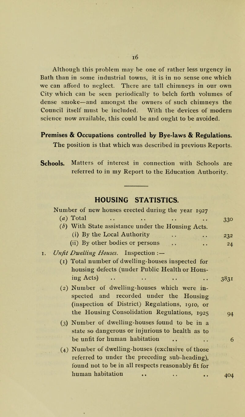 Although this problem may be one of rather less urgency in Bath than in some industrial towns, it is in no sense one which we can afford to neglect. There are tall chimneys in our own City which can be seen periodically to belch forth volumes of dense smoke—and amongst the owners of such chimneys the Council itself must be included. With the devices of modern science now available, this could be and ought to be avoided. Premises & Occupations controlled by Bye-laws & Regulations. The position is that which was described in previous Reports. Schools. Matters of interest in connection with Schools are referred to in my Report to the Education Authority. HOUSING STATISTICS. Number of new houses erected during the year 1927 (rt) Total (b) With State assistance under the Housing Acts. (i) By the Local Authority (ii) By other bodies or persons I. Unfit Dwelling Houses, Inspection :— (1) Total number of dwelling-houses inspected for housing defects (under Public Health or Hous- ing Acts) (2) Number of dwelling-houses which were in- spected and recorded under the Housing (inspection of District) Regulations, 1910, or the Housing Consolidation Regulations, 1925 (3) Number of dwelling-houses found to be in a state so dangerous or injurious to health as to be unfit for human habitation (4) Number of dwelling-houses (exclusive of those referred to under the preceding sub-heading), found not to be in all respects reasonably fit for human habitation 330 232 24 3831 94 6 404