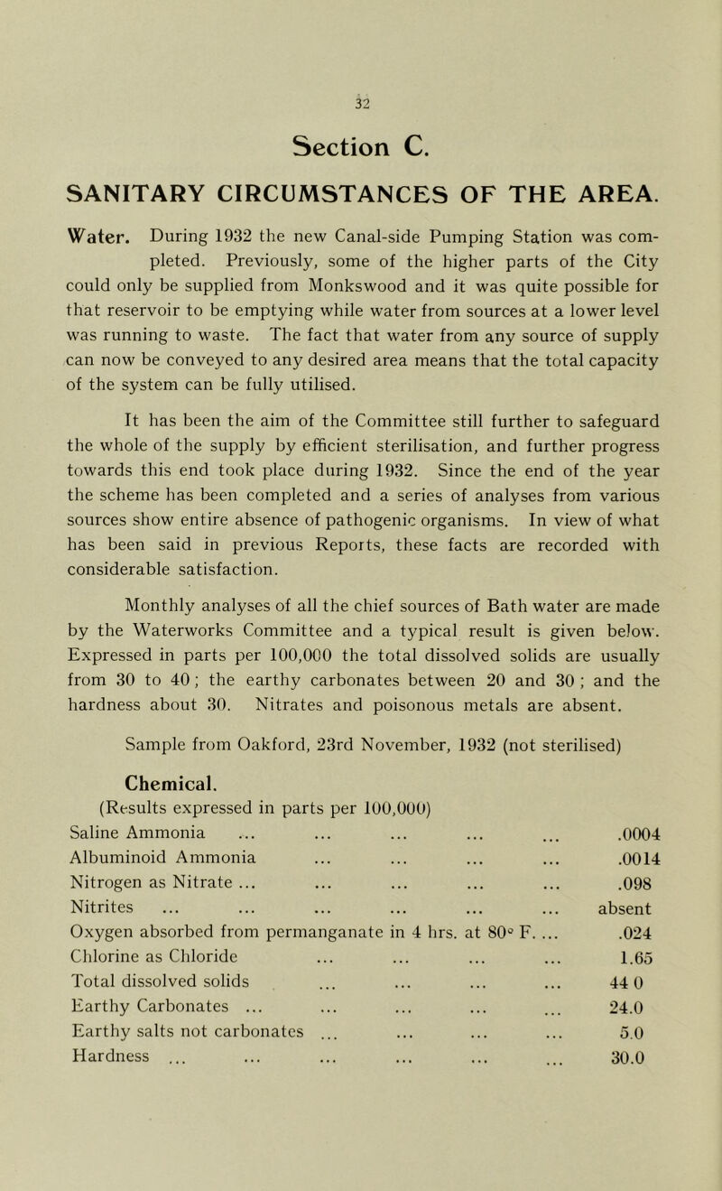 Section C. SANITARY CIRCUMSTANCES OF THE AREA. Water. During 1932 the new Canal-side Pumping Station was com- pleted. Previously, some of the higher parts of the City could only be supplied from Monkswood and it was quite possible for that reservoir to be emptying while water from sources at a lower level was running to waste. The fact that water from any source of supply can now be conveyed to any desired area means that the total capacity of the system can be fully utilised. It has been the aim of the Committee still further to safeguard the whole of the supply by efficient sterilisation, and further progress towards this end took place during 1932. Since the end of the year the scheme has been completed and a series of analyses from various sources show entire absence of pathogenic organisms. In view of what has been said in previous Reports, these facts are recorded with considerable satisfaction. Monthly analyses of all the chief sources of Bath water are made by the Waterworks Committee and a typical result is given below. Expressed in parts per 100,000 the total dissolved solids are usually from 30 to 40; the earthy carbonates between 20 and 30 ; and the hardness about 30, Nitrates and poisonous metals are absent. Sample from Oakford, 23rd November, 1932 (not sterilised) Chemical. (Results expressed in parts per 100,000) Saline Ammonia ... ... ... ... ... .0004 Albuminoid Ammonia ... ... ... ... .0014 Nitrogen as Nitrate ... ... ... ... ... .098 Nitrites ... ... ... ... ... ... absent Oxygen absorbed from permanganate in 4 hrs. at 80'^ F. ... .024 Chlorine as Chloride ... ... ... ... 1.65 Total dissolved solids ... ... ... ... 44 0 Earthy Carbonates ... ... ... ... ... 24.0 Earthy salts not carbonates ... ... ... ... 5.0 Hardness ... ... ... ... ... ... 30.0