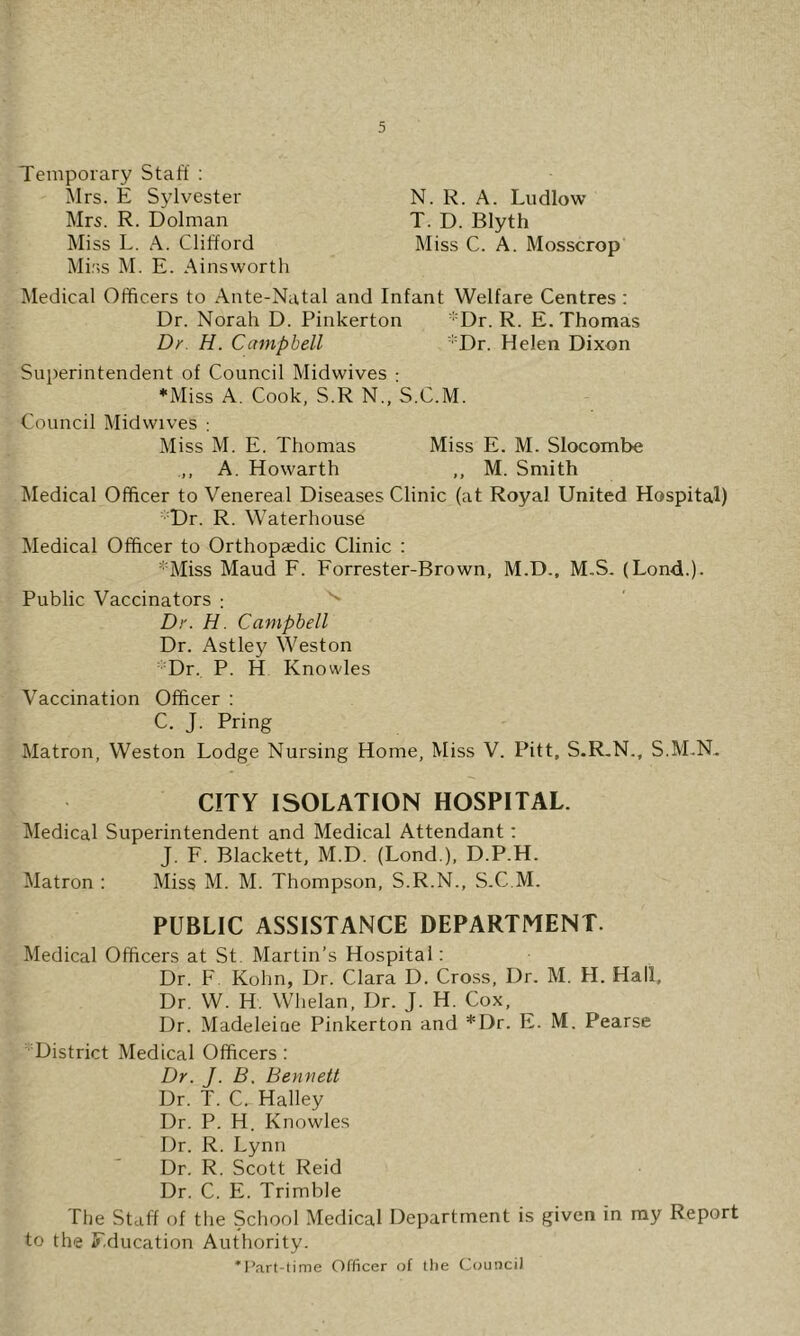 Temporary Staff ; Mrs. E Sylvester N. R. A. Ludlow Mrs. R. Dolman T. D. Blyth Miss L. A. Clifford Miss C. A. Mosscrop Miss M. E. Ainsworth Medical Officers to Ante-Natal and Infant Welfare Centres ; Dr. Norah D. Pinkerton Dr. R. E. Thomas Dr. H. Campbell *Dr. Helen Dixon Superintendent of Council Midwives ; *Miss A. Cook, S.R N., S.C.M. Council Midwives : Miss M. E. Thomas Miss E. M. Slocombe ,, A. Howarth ,, M. Smith Medical Officer to Venereal Diseases Clinic (at Royal United Hospital) •■Dr. R. Waterhouse Medical Officer to Orthopaedic Clinic : ' Miss Maud F. Forrester-Brown, M.D., M.S. (Lond.). Public Vaccinators ; Dr. H. Campbell Dr. Astley Weston Dr. P. H Knowles Vaccination Officer : C. J. Pring Matron, Weston Lodge Nursing Home, Miss V. Pitt, S.R.N., S.M,N. CITY ISOLATION HOSPITAL. Medical Superintendent and Medical Attendant: J. F. Blackett, M.D. (Lond ), D.P.H. Matron : Miss M. M. Thompson, S.R.N., S.C.M. PUBLIC ASSISTANCE DEPARTMENT. Medical Officers at St, Martin’s Hospital: Dr. F Kohn, Dr. Clara D. Cross, Dr. M. H. Hall, Dr. W. H. Whelan, Dr. J. H. Cox, Dr. Madeleine Pinkerton and *Dr. E. M. Pearse  District Medical Officers : Dr. J. B. Bennett Dr. T. C. Halley Dr. P. H. Knowles Dr. R. Lynn Dr. R. Scott Reid Dr. C. E. Trimble The Staff of the School Medical Department is given in my Report to the Education Authority. *l’art-time Officer of tlie Council