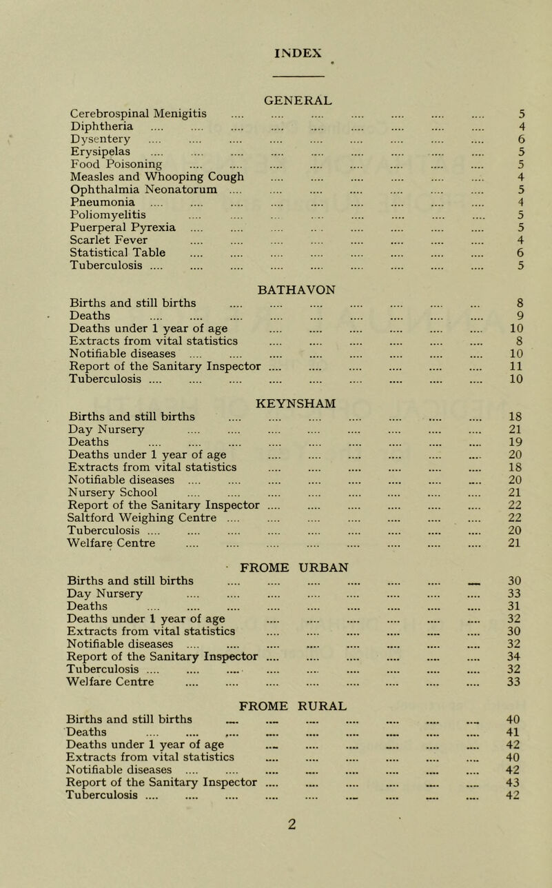 INDEX GENERAL Cerebrospinal Menigitis Diphtheria Dysentery Erysipelas Food Poisoning Measles and Whooping Cough Ophthalmia Neonatorum .... Pneumonia Poliomyelitis Puerperal Pyrexia Scarlet Fever Statistical Table Tuberculosis .... BATHAVON Births and still births 8 Deaths 9 Deaths under 1 year of age .... .... .... 10 Extracts from vital statistics .... 8 Notifiable diseases 10 Report of the Sanitary Inspector .... 11 Tuberculosis .... .... .... .... 10 KEYNSHAM Births and still births 18 Day Nursery 21 Deaths .... .... .... 19 Deaths under 1 year of age .... 20 Extracts from vital statistics .... .... 18 Notifiable diseases .... .... .... 20 Nursery School 21 Report of the Sanitary Inspector .... .... 22 Saltford Weighing Centre .... .... 22 Tuberculosis .... .... .... 20 Welfare Centre .... .... 21 FROME Births and still births URBAN 30 Day Nursery 33 Deaths .... .... .... 31 Deaths under 1 year of age .... .... .... .... 32 Extracts from vital statistics .... .... .... 30 Notifiable diseases .... .... .... .... • ••• 32 Report of the Sanitary Inspector .... .... .... .... .... 34 Tuberculosis .... .... .... .... .... .... 32 Welfare Centre .... .... 33 FROME Births and still births RURAL 40 Deaths .... .... •••« .... .... 41 Deaths under 1 year of age .... .... mm; .... • ••. 42 Extracts from vital statistics .... .... .... .... .... 40 Notifiable diseases .... .... .... 42 Report of the Sanitary Inspector .... •••. .... .... ..M 43 Tuberculosis .... .... .... •••. ■ M. 42