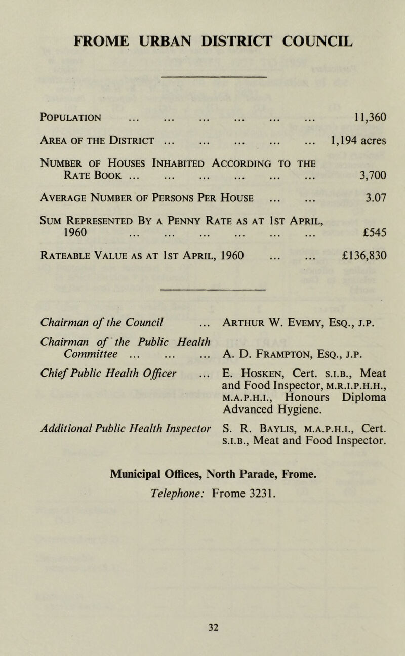 FROME URBAN DISTRICT COUNCIL Population 11,360 Area of the District 1,194 acres Number of Houses Inhabited According to the Rate Book 3,700 Average Number of Persons Per House 3.07 Sum Represented By a Penny Rate as at 1st April, 1960 £545 Rateable Value as at 1st April, 1960 £136,830 Chairman of the Council Chairman of the Public Health Committee ... Chief Public Health Officer Additional Public Health Inspector Arthur W. Evemy, Esq., j.p. A. D. Frampton, Esq., j.p. E. Hosken, Cert, s.i.b.. Meat and Food Inspector, m.r.i.p.h.h., M.A.P.H.I., Honours Diploma Advanced Hygiene. S. R. Baylis, M.A.P.H.I., Cert. S.I.B., Meat and Food Inspector. Municipal Offices, North Parade, Frome. Telephone: Frome 3231.