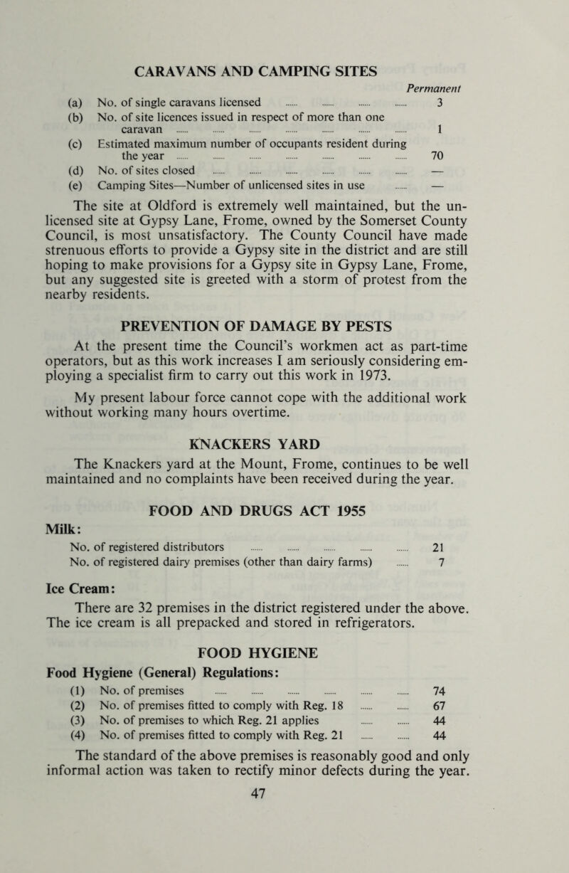 CARAVANS AND CAMPING SITES Permanent (a) No. of single caravans licensed 3 (b) No. of site licences issued in respect of more than one caravan 1 (c) Estimated maximum number of occupants resident during the year 70 (d) No. of sites closed — (e) Camping Sites—Number of unlicensed sites in use — The site at Oldford is extremely well maintained, but the un- licensed site at Gypsy Lane, Frome, owned by the Somerset County Council, is most unsatisfactory. The County Council have made strenuous efforts to provide a Gypsy site in the district and are still hoping to make provisions for a Gypsy site in Gypsy Lane, Frome, but any suggested site is greeted with a storm of protest from the nearby residents. PREVENTION OF DAMAGE BY PESTS At the present time the Council’s workmen act as part-time operators, but as this work increases I am seriously considering em- ploying a specialist firm to carry out this work in 1973. My present labour force cannot cope with the additional work without working many hours overtime. KNACKERS YARD The Knackers yard at the Mount, Frome, continues to be well maintained and no complaints have been received during the year. FOOD AND DRUGS ACT 1955 Milk: No. of registered distributors 21 No. of registered dairy premises (other than dairy farms) 7 Ice Cream: There are 32 premises in the district registered under the above. The ice cream is all prepacked and stored in refrigerators. FOOD HYGIENE Food Hygiene (General) Regulations: (1) No. of premises 74 (2) No. of premises fitted to comply with Reg. 18 67 (3) No. of premises to which Reg. 21 applies 44 (4) No. of premises fitted to comply with Reg. 21 44 The standard of the above premises is reasonably good and only informal action was taken to rectify minor defects during the year.