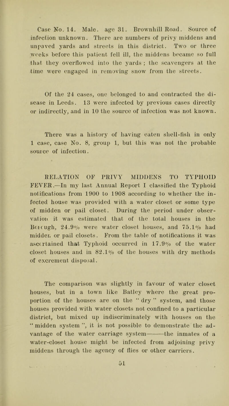 infection unknown. There are numbers of privy middens and unpaved yards and streets in this district. Two or three weeks before tliis patient fell ill, the middems became so full (luit they overllowed into Ihc yards ; the scaveng'ers at the time were engaged in removing snoAv from the streets. Of the 24 cases, one belonged to and contracted the di- sease in Leeds. 13 were infected by previous cases directly or indirectly, and in lU the source of infection was not known. There was a history of having eaten shell-lish in only 1 case, case No. 8, group 1, but this was not the probable source of infection. RELATION OF PRIVY MIDDENS TO TYPHOID FEVER.—In my last Annual Report I classified the Typhoid notifications from 1900 to 1908 according to Mdiether the in- fected house was provided with a water closet or some type of midden or pail closet. During the period under obser- vation. it was estimated that of the total houses in the Bouugh, 24.90/0 were water closet houses, and 75.1o;o had midden or pail closets. From the table of notifications it was ascertained that Typhoid occurred in 17.9o/o of the water closet houses and in 82.10/0 of the houses with dry methods of excrement dispo.ml. The comparison was slightly in favour of water closet houses, but in a town like Batlcy where the great pro- portion of the houses are on the “ dry ” system, and those houses provided with water closets not confined to a particular district, but mixed up indiscriminately with houses on the “ midden system ”, it is not possible to demonstrate the ad- vantage of the water carriage system the inmates of a water-closet house might be infected from adjoining privy middens through the agency of Hies or other carriers. 01