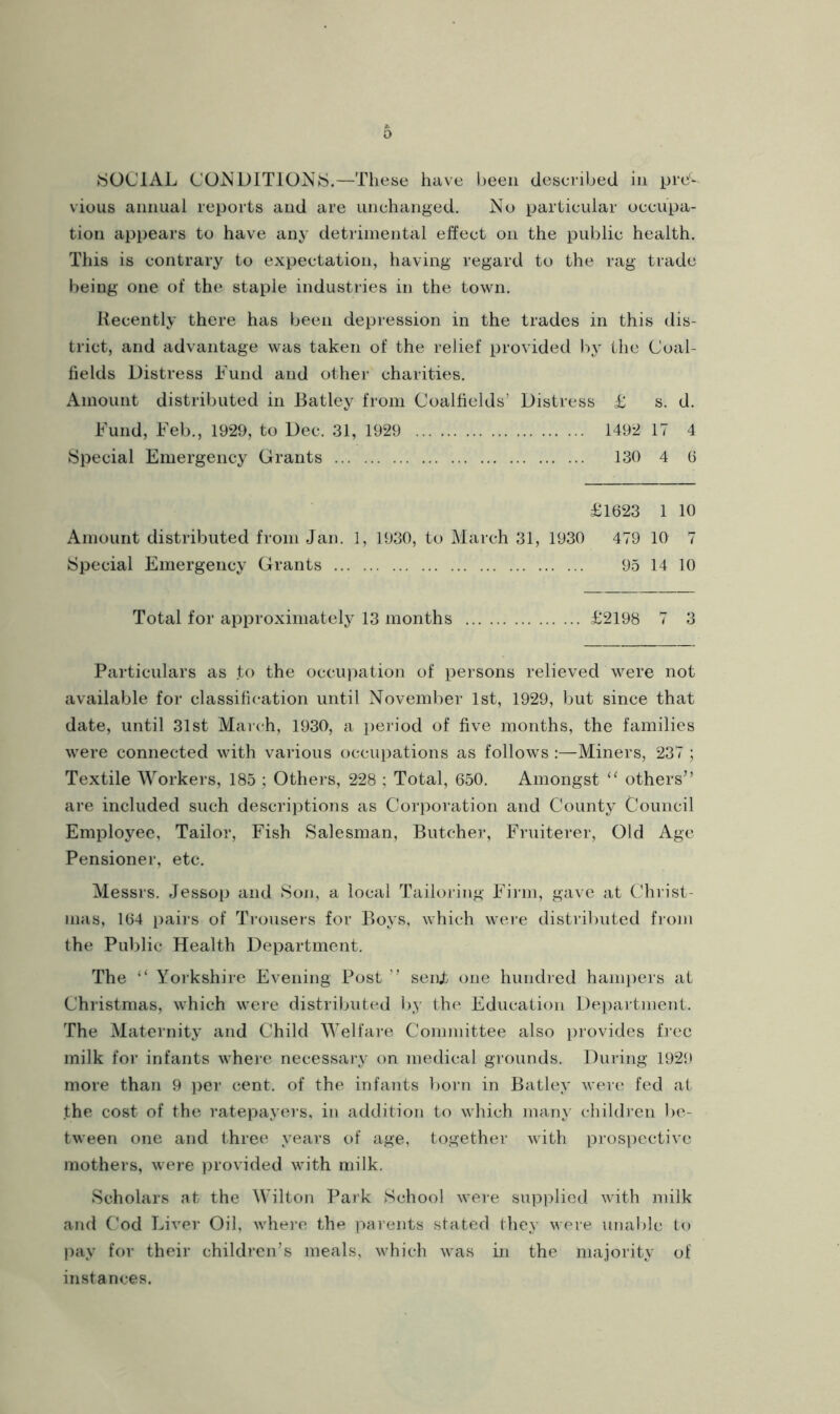 o ►SOCIAL CO^DlTlOiSCS.—These have been described in pre- vious annual reports and are unchanged. No particular occupa- tion appears to have any detrimental effect on the public health. This is contrary to expectation, having regard to the rag trade being one of the staple industries in the town. Hecently there has been depression in the trades in this dis- trict, and advantage was taken of the relief provided liy the Coal- fields Distress Lund and other charities. Amount distributed in Batley from Coalfields’ Distress £ s. d. Fund, Feb., 1929, to Dec. 31, 1929 1492 17 4 ►Special Emergency Grants 130 4 (i £1623 1 10 Amount distributed from Jan. 1, 1930, to March 31, 1930 479 10 7 Special Emergency Grants 95 14 10 Total for approximatelj^ 13 months £2198 7 3 Particulars as to the occipuation of persons relieved were not available for classification until November 1st, 1929, but since that date, until 31st March, 1930, a period of five months, the families were connected with various occupations as follows :—Miners, 237 ; Textile Workers, 185 ; Others, 228 ; Total, 650. Amongst others” are included such descriptions as Corporation and County Council Employee, Tailor, Fish fSalesman, Butcher, Fruiterer, Old Age Pensioner, etc. Messrs. Jessop and fSon, a local Tailoring Fii’in, gave at (Jirist- nias, 164 pairs of Trousers for Boj'S, which wei-e distributed from the Public Health Department. The “ Yorkshire Evening Post ” senj one hundred hampers at Christmas, which were distributed by the Education Department. The Maternity and Child Welfare Committee also provides fiec milk for infants whei’e necessary on medical grounds. During 1929 more than 9 ])er cent, of the infants l)oi'n in Batley were fed at the cost of the ratepayers, in addition to which many children be- tween one and three years of age, together with prospective mothers, were provided with milk. ►Scholars at the Wilton Park ►School were supplied with milk and Cod Liver Oil, where the j-jarents stated tliey were unable to pay for their children’s meals, which was in the majority of instances.