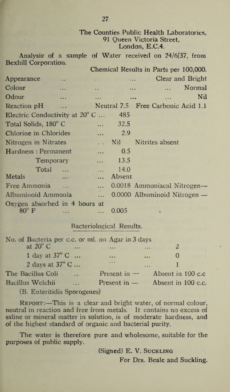 The Counties Public Health Laboratories, 91 Queen Victoria Street, London, E.C.4. Analysis of a sample of Water received on 24/6/37, from Bexhill Corporation. Chemical Results in Parts per 100,000. Appearance Clear and Bright Colour Normal Odour Nil Reaction pH ... Neutral 7.5 Free Carbonic Acid 1.1 Electric Conductivity at 20 C ... 485 Total Solids, 180° C 32.5 Chlorine in Chlorides 2.9 Nitrogen in Nitrates . . Nil Nitrites absent Hardness : Permanent 0.5 Temporary 13.5 Total 14.0 Metals Absent Free Ammonia 0.0018 Ammoniacal Nitrogen— Albuminoid Ammonia 0.0000 Albuminoid Nitrogen — Oxygen absorbed in 4 hours at '80F 0.005 Bacteriological Results. No. of Bacteria per c.c. or ml. on Agar in 3 days at20C 2 1 day at 37 C ... 0 2 days at 37 C ... 1 The Bacillus Coli .. Present in — Absent in 100 c.c Bacillus Welchii ... Present in — Absent in 100 c.c. (B. Enteritidis Sporogenes) Report:—This is a clear and bright water, of normal colour, neutral in reaction and free from metals. It contains no excess of saline or mineral matter in solution, is of moderate hardness, and of the highest standard of organic and bacterial purity. The water is therefore pure and wholesome, suitable for the purposes of public supply. (Signed) E. V. Suckling