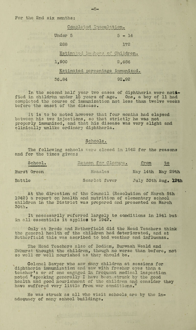 s For the 2nd six months: Completed Inoculation. Under 5 5-14 288 172 Estimated Numbers of Children. 1,900 2,686 \ Estimated percentage immunized. 36.84 92.92 In the second half year two cases of diphtheria were noti- fied in children under 15 years of age. One, a boy of 11 had completed the course of immunization not less than twelve weeks before the onset of the disease. It is to be noted however that four months had elapsed between hi3 two injections, so that strictly he was not properly immunized, and that his disease was very slight and clinically unlike ordinary diphtheria. Schools. The following schools were closed in 1942 for the reasons and for the times given: School. Reason for Closure. from to Hurst Green Battle Measles Scarlet fever May 14th May 29th July 30th Aug. 12th At the direction of the Council (Resolution of March 5th 1942) a report on health and nutrition of elementary school children in the District was prepared and presented on March 30 th. It necessarily referred largely to conditions in 1941 but in all essentials it applies to 1942. Only at Brede and Netherfield did the Head Teachers think the general health of the children had deteriorated, and at Netherfield this was ascribed to bad weather and influenza. The Head Teachers also of Bodie.m, Burwash Weald and Ewhurst thought the children, though no worse than before, not so well or well nourished as they should be. Colonel Sawyer who saw many children at sessions for diphtheria immunization and saw with fresher eyes than a teacher!s or of one engaged in frequent medical inspection noted uspeaking generally I have boon struck by the good health and good nourishment of the children and consider they have suffered very little from war conditions.” He was struck as all who visit schools are by the in- adequacy of many school buildings.
