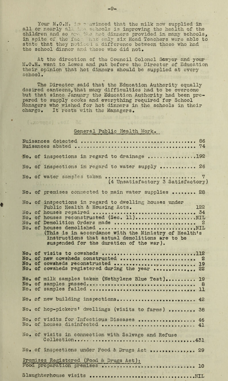 -9 Your M.O.H, is- ° nvinced that the milk now supplied in all or nearly all 1 schools is improving the health of the children and so arc. the hot dinners provided in many schools in spite of the iac -hat only six Head Teachers were able t state that they notice i a difference between those who had the school dinner and those who did not# At the direction of the Council Colonel Sawyer and your M.0#H. went to Lewes and put before the Director of Education their opinion that hot dinners should be supplied at every school. The Director said that the Education Authority equally desired canteens, that many difficulties had to be overcome but that since January the Education Authority had been pre- pared to supply cooks and everything required for School Managers who wished for hot dinners in the schools in their charge# It rests v/ith the Managers# General Public Health Work# Nuisances detected . 86 Nuisances abated 74 No. of inspections in regard to drainage 192 No# of inspections in regard to water supply 26 No. of water samples taken 7 (4 Unsatisfactory 3 Satisfactory) No. of premises connected to main water supplies ........ 28 No. of inspections in regard to dwelling houses under Public Health & Housing Acts. 122 No. of houses repaired 34 No. of houses reconstructed (Sec. 11) ....NIL No, of Demolition Orders made ... 2 No. of houses demolished .NIL (This is in accordance with the Ministry of Health's instructions that aotual demolitions are to be suspended for the duration of the war). No, of visits to cowsheds .112 No. of new cowsheds constructed 2 No# of cowsheds reconstructed 19 No. of cowsheds registered during the year 22 No* of milk samples taken (Methylene Blue Test) 19 No# of samples passed 8 No. of samples failed 11 Ho. of new building inspections. ...... 42 No. of hop-pickers* dwellings (visits to farms) 38 No, of visits for 'Infectious Diseases 46 No. of visits in connection with Salvage and Refuse Collection. .431 No. of inspections under Food & Drugs Act 29 Promises Registered (Food & Drugs Act); l^oocl preparation premises .V. 10 Slaughterhouse visits NIL * o