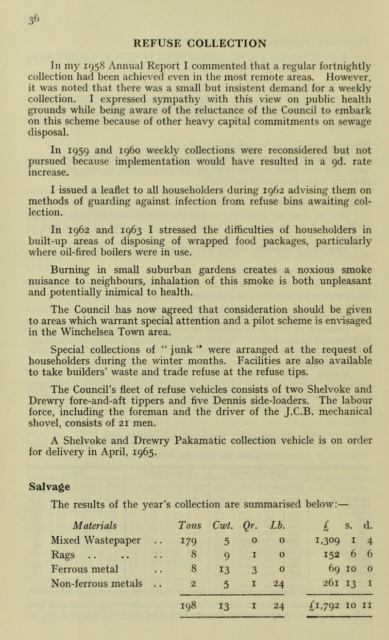 REFUSE COLLECTION In iny 1958 Annual Report I commented that a regular fortnightly collection had been achieved even in the most remote areas. However, it was noted that there was a small but insistent demand for a weekly collection. I expressed sympathy with this view on public health grounds while being aware of the reluctance of the Council to embark on this scheme because of other heavy capital commitments on sewage disposal. In 1959 and i960 weekly collections were reconsidered but not pursued because implementation would have resulted in a 9d. rate increase. I issued a leaflet to all householders during 1962 advising them on methods of guarding against infection from refuse bins awaiting col- lection. In 1962 and 1963 I stressed the difficulties of householders in built-up areas of disposing of wrapped food packages, particularly where oil-fired boilers were in use. Burning in small suburban gardens creates a noxious smoke nuisance to neighbours, inhalation of this smoke is both unpleasant and potentially inimical to health. The Council has now agreed that consideration should be given to areas which warrant special attention and a pilot scheme is envisaged in the Winchelsea Town area. Special collections of “ junk ” were arranged at the request of householders during the winter months. Facilities are also available to take builders’ waste and trade refuse at the refuse tips. The Council’s fleet of refuse vehicles consists of two Shelvoke and Drewry fore-and-aft tippers and five Dennis side-loaders. The labour force, including the foreman and the driver of the J.C.B. mechanical shovel, consists of 21 men. A Shelvoke and Drewry Pakamatic collection vehicle is on order for delivery in April, 1965. Salvage The results of the year’s collection are summarised below:— Materials Tons Cwt. Qr. I&. £ s. d. Mixed Wastepaper ■ 179 5 0 0 1,309 I 4 Rags 8 9 I 0 152 6 6 Ferrous metal 8 13 3 0 69 10 0 Non-ferrous metals ., . 2 5 I 24 261 13 I