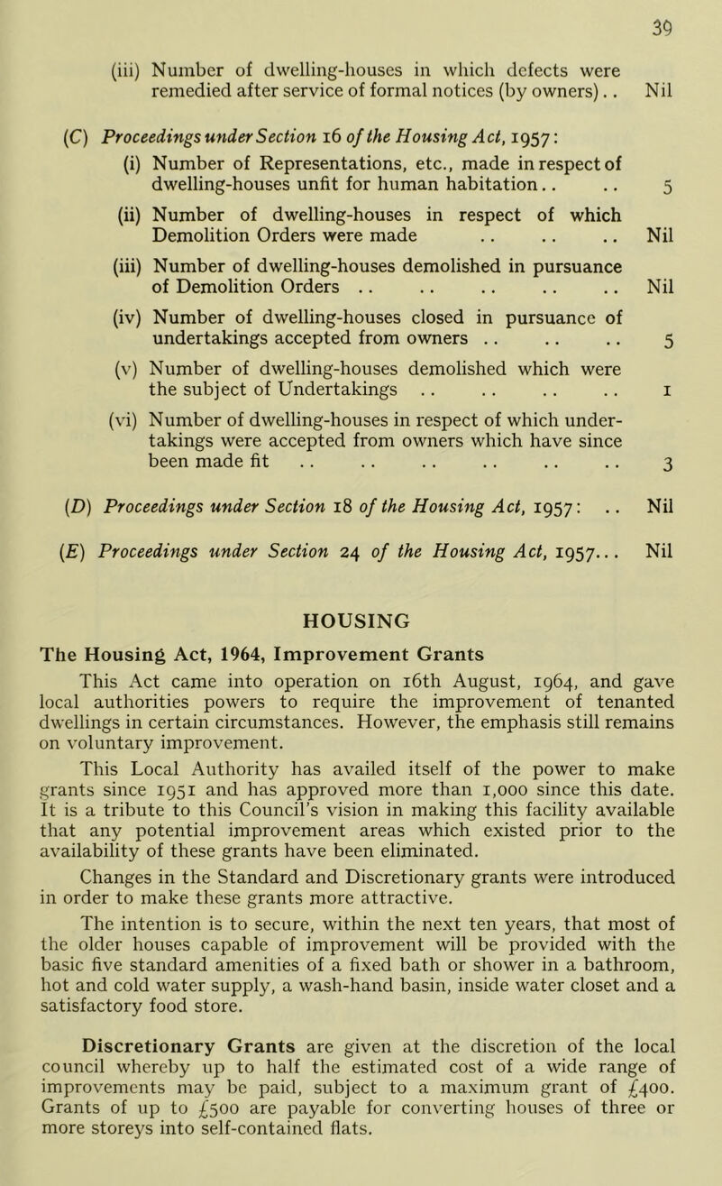 (iii) Number of dwelling-houses in which defects were remedied after service of formal notices (by owners).. Nil (C) Proceedings under Section i6 of the Housing Act, 1957: (i) Number of Representations, etc., made in respect of dwelling-houses unfit for human habitation.. .. 5 (ii) Number of dwelling-houses in respect of which Demolition Orders were made .. .. ., Nil (iii) Number of dwelling-houses demolished in pursuance of Demolition Orders .. .. .. .. .. Nil (iv) Number of dwelling-houses closed in pursuance of undertakings accepted from owners .. .. ,. 5 (v) Number of dwelling-houses demolished which were the subject of Undertakings .. .. .. .. i (vi) Number of dwelling-houses in respect of which under- takings were accepted from owners which have since been made fit .. .. .. .. .. .. 3 (D) Proceedings under Section 18 of the Housing Act, 1957: .. Nil {E) Proceedings under Section 24 of the Housing Act, 1957... Nil HOUSING The Housing Act, 1964, Improvement Grants This Act came into operation on i6th August, 1964, and gave local authorities powers to require the improvement of tenanted dwellings in certain circumstances. However, the emphasis still remains on voluntary improvement. This Local Authority has availed itself of the power to make grants since 1951 and has approved more than 1,000 since this date. It is a tribute to this Council’s vision in making this facility available that any potential improvement areas which existed prior to the availability of these grants have been eliminated. Changes in the Standard and Discretionary grants were introduced in order to make these grants more attractive. The intention is to secure, within the next ten years, that most of the older houses capable of improvement will be provided with the basic five standard amenities of a fixed bath or shower in a bathroom, hot and cold water supply, a wash-hand basin, inside water closet and a satisfactory food store. Discretionary Grants are given at the discretion of the local council whereby up to half the estimated cost of a wide range of improvements may be paid, subject to a maximum grant of £400. Grants of up to £500 are payable for converting houses of three or more storeys into self-contained flats.