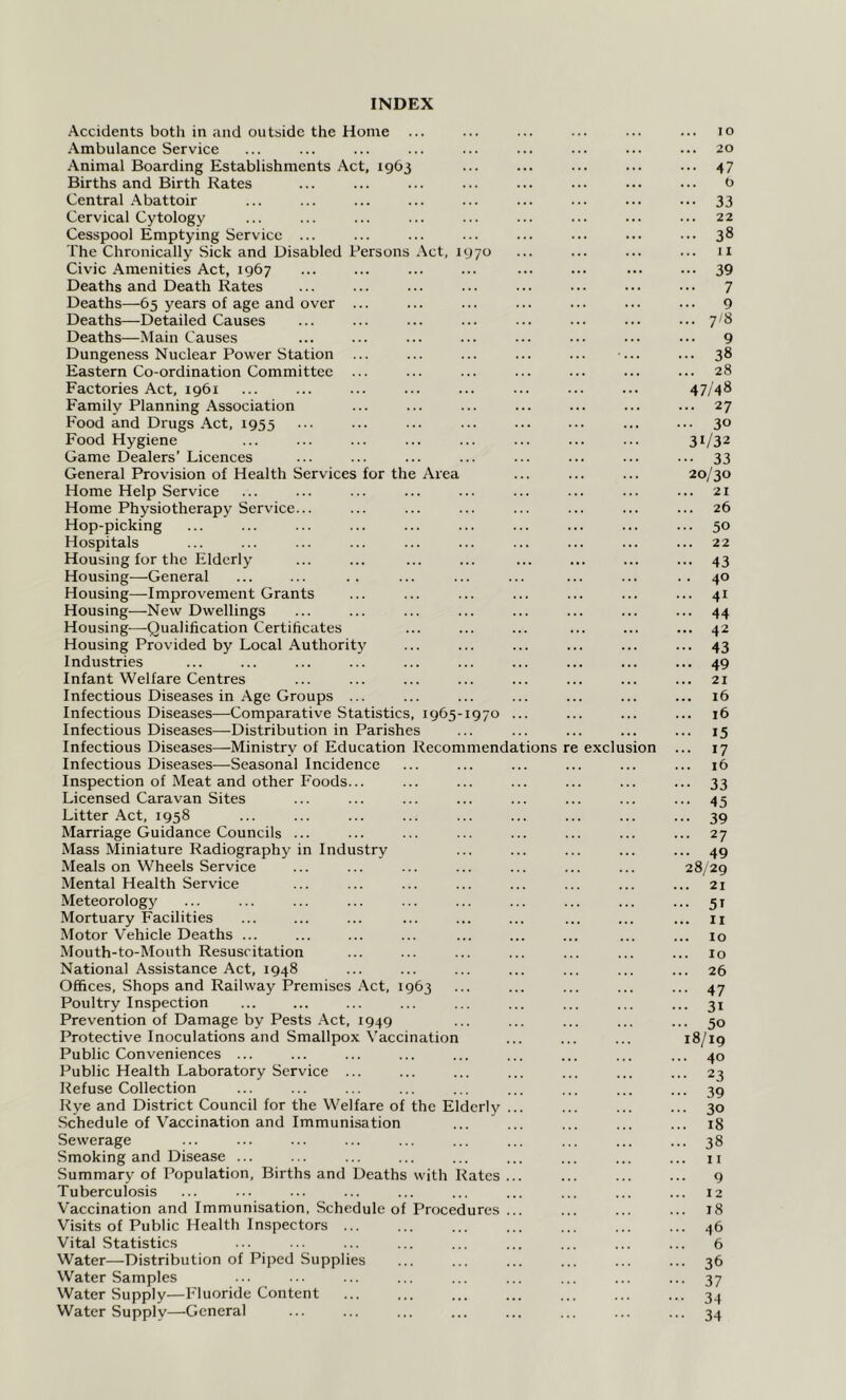 INDEX Accidents both in and outside the Home ... Ambulance Service Animal Boarding Establishments Act, 1963 Births and Birth Rates Central Abattoir Cervical Cytology Cesspool Emptying Service ... The Chronically Sick and Disabled Persons Act, 1970 Civic Amenities Act, 1967 Deaths and Death Rates Deaths—65 years of age and over ... Deaths—Detailed Causes Deaths—Main Causes Dungeness Nuclear Power Station ... Eastern Co-ordination Committee ... Factories Act, 1961 Family Planning Association Food and Drugs Act, 1955 Food Hygiene Game Dealers’ Licences General Provision of Health Services for the Area Home Help Service Home Physiotherapy Service... Hop-picking Hospitals Housing for the Elderly Housing—General Housing—Improvement Grants Housing—New Dwellings Housing—-Qualification Certificates Housing Provided by Local Authority Industries Infant Welfare Centres Infectious Diseases in Age Groups ... Infectious Diseases—Comparative Statistics, 1965-1970 Infectious Diseases—Distribution in Parishes Infectious Diseases—Ministry of Education Recommendations Infectious Diseases-—Seasonal Incidence Inspection of Meat and other Foods... Licensed Caravan Sites Litter Act, 1958 Marriage Guidance Councils ... Mass Miniature Radiography in Industry Meals on Wheels Service Mental Health Service Meteorology Mortuary Facilities Motor Vehicle Deaths ... Mouth-to-Mouth Resuscitation National Assistance Act, 1948 Offices, Shops and Railway Premises Act, 1963 Poultry Inspection Prevention of Damage by Pests Act, 1949 Protective Inoculations and Smallpox Vaccination Public Conveniences ... Public Health Laboratory Service ... Refuse Collection Rye and District Council for the Welfare of the Elderly Schedule of Vaccination and Immunisation Sewerage Smoking and Disease ... Summary of Population, Births and Deaths with Rates Tuberculosis exclu on Vaccination and Immunisation, Schedule of Procedures . Visits of Public Health Inspectors ... Vital Statistics Water—Distribution of Piped Supplies Water Samples Water Supply—Fluoride Content Water Supply—General . 10 . 20 ... 22 ... 38 ... 11 ... 39 7 9 ... 7/8 9 ... 38 ... 28 47/48 ... 27 ... 30 31/32 ••• 33 20/30 ... 21 26 ... 50 ... 22 ••• 43 .. 40 ... 41 ... 44 ... 42 43 ... 49 ... 21 ... 16 16 ... 15 ... 17 ... 16 ••• 33 ••• 45 ••• 39 ... 27 ... 49 28/29 ... 21 ... 51 ... 11 ... 10 ... 10 ... 26 ... 47 ... 31 ... 50 18/19 ... 40 ... 23 • •• 39 ... 30 ... 18 ... 38 ... 11 9 ... 12 ... 18 ... 46 6 ... 36 ••• 37 ••• 34 ••• 34