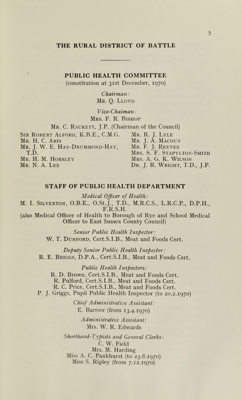 THE RURAL DISTRICT OF BATTLE PUBLIC HEALTH COMMITTEE (constitution at 31st December, 1970) Chairman: Mr. Q. Lloyd Vice-Chaiman: Mrs. F. R. Bishop Mr. C. Rackett, J.P. (Chairman of the Council) Sir Robert Alford, K.B.E., C.M.G. Mr. H. C. Aris Mr. T. W. E. Hay-Drummond-Hay, T.D. Mr. H. M. Horsley Mr. N. A. Lee Mr. R. J. Lyle Mr. J. A. Macoun Mr. F. J. Reeves Mrs. S. F. Stapylton-Smith Mrs. A. G. K. Wilson Dr. J. R. Wright, T.D., J.P. STAFF OF PUBLIC HEALTH DEPARTMENT Medical Officer of Health: M. I. Silverton, O.B.E., O.St.J., T.D., M.R.C.S., L.R.C.P., D.P.H., F.R.S.H. (also Medical Officer of Health to Borough of Rye and School Medical Officer to East Sussex County Council) Senior Public Health Inspector: W. T. Dunford, Cert.S.I.B., Meat and Foods Cert. Deputy Senior Public Health Inspector: R. E. Briggs, D.P.A., Cert.S.LB., Meat and Foods Cert. Public Health Inspectors: R. D. Brown, Cert.S.I.B., Meat and Foods Cert. R. Pulford, Cert.S.I.B., Meat and Foods Cert. R. C. Price, Cert.S.I.B., Meat and Foods Cert. P. J. Griggs, Pupil Public Health Inspector (to 20.2.1970) Chief Administrative Assistant: E. Barrow (from 13.4.1970) A dministralive A ssistant: Mrs. W. R. Edwards Shorthand-Typists and General Clerks: ^ C. W. Field Mrs. M. Harding Miss A. C. Pankhurst (to 23.8.1970) Miss S. Ripley (from 7.12.1970)