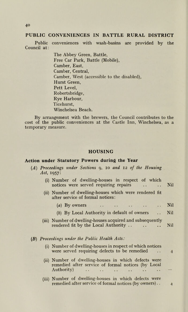 PUBLIC CONVENIENCES IN BATTLE RURAL DISTRICT Public conveniences with wash-basins are provided by the Council at: The Abbey Green, Battle, Free Car Park, Battle (Mobile), Camber, East, Camber, Central, Camber, West (accessible to the disabled), Hurst Green, Pett Level, Robertsbridge, Rye Harbour, Ticehurst, Winchelsea Beach. By arrangement with the brewers, the Council contributes to the cost of the public conveniences at the Castle Inn, Winchelsea, as a temporary measure. HOUSING Action under Statutory Powers during the Year (A) Proceedings under Sections 9, 10 and 12 of the Housing Act, 1957: (i) Number of dwelling-houses in respect of which notices were served requiring repairs .. .. Nil (ii) Number of dwelling-houses which were rendered fit after service of formal notices: (a) By owners .. .. .. .. .. Nil (b) By Local Authority in default of owners .. Nil (iii) Number of dwelling-houses acquired and subsequently rendered fit by the Local Authority .. .. .. Nil (B) Proceedings under the Public Health Acts: (i) Number of dwelling-houses in respect of which notices were served requiring defects to be remedied .. 4 (ii) Number of dwelling-houses in which defects were remedied after service of formal notices (by Local Authority) (iii) Number of dwelling-houses in which defects were remedied after service of formal notices (by owners).. ^