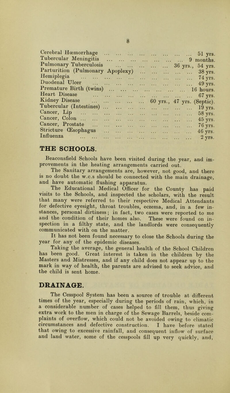 Cerebral Hcemorrhage Tubercular Meningitis Pulmonary Tuberculosis Parturition (Pulmonary ApojDlexy) Hemiplegia Duodenal Ulcer Premature Birth (twins) Heart Disease Kidney Disease Tubercular (Intestines) Cancer, Lip Cancer, Colon Cancer, Prostate Stricture (Esophagus Influenza 51 yrs. 9 months. 36 yrs., 54 yrs. 38 yrs. 74 yrs. 49 yrs. 16 hours. 67 yrs. 60 yrs., 47 yrs. (Septic). 19 yrs. 58 yrs. 45 yrs. 76 yrs. 46 yrs. 2 yrs. THE SCHOOLS. Beaconsfield Schools have been visited during the year, and im- provements in the heating arrangements carried out. The Sanitary arrangements are, however, not good, and there is no doubt the w.c.s should be connected with the main drainage, and have automatic flushing apparatus. The Educational Medical Officer for the County has paid visits to the Schools, and inspected the scholars, with the result that many were referred to their respective Medical Attendants for defective eyesight, throat troubles, eczema, and, in a few in- stances, personal dirtiness ; in fact, two cases were reported to me and the condition of their homes also. These were found on in- spection in a filthy state, and the landlords were consequently communicated with on the matter. It has not been found necessary to close the Schools during the year for any of the epidemic diseases. Taking the average, the general health of the School Children has been good. Great interest is taken in the children by the Masters and Mistresses, and if any child does not appear up to the mark in way of health, the parents are advised to seek advice, and the child is sent home. DRAINAGE. The Cesspool System has been a source of trouble at different times of the year, especially during the periods of rain, which, in a considerable number of cases helped to fill them, thus giving extra work to the men in charge of the Sewage Barrels, beside com- plaints of overflow, which could not be avoided owing to climatic circumstances and defective construction. I have before stated that owing to excessive rainfall, and consequent inflow of surface and land water, some of the cesspools fill up very quickly, and,