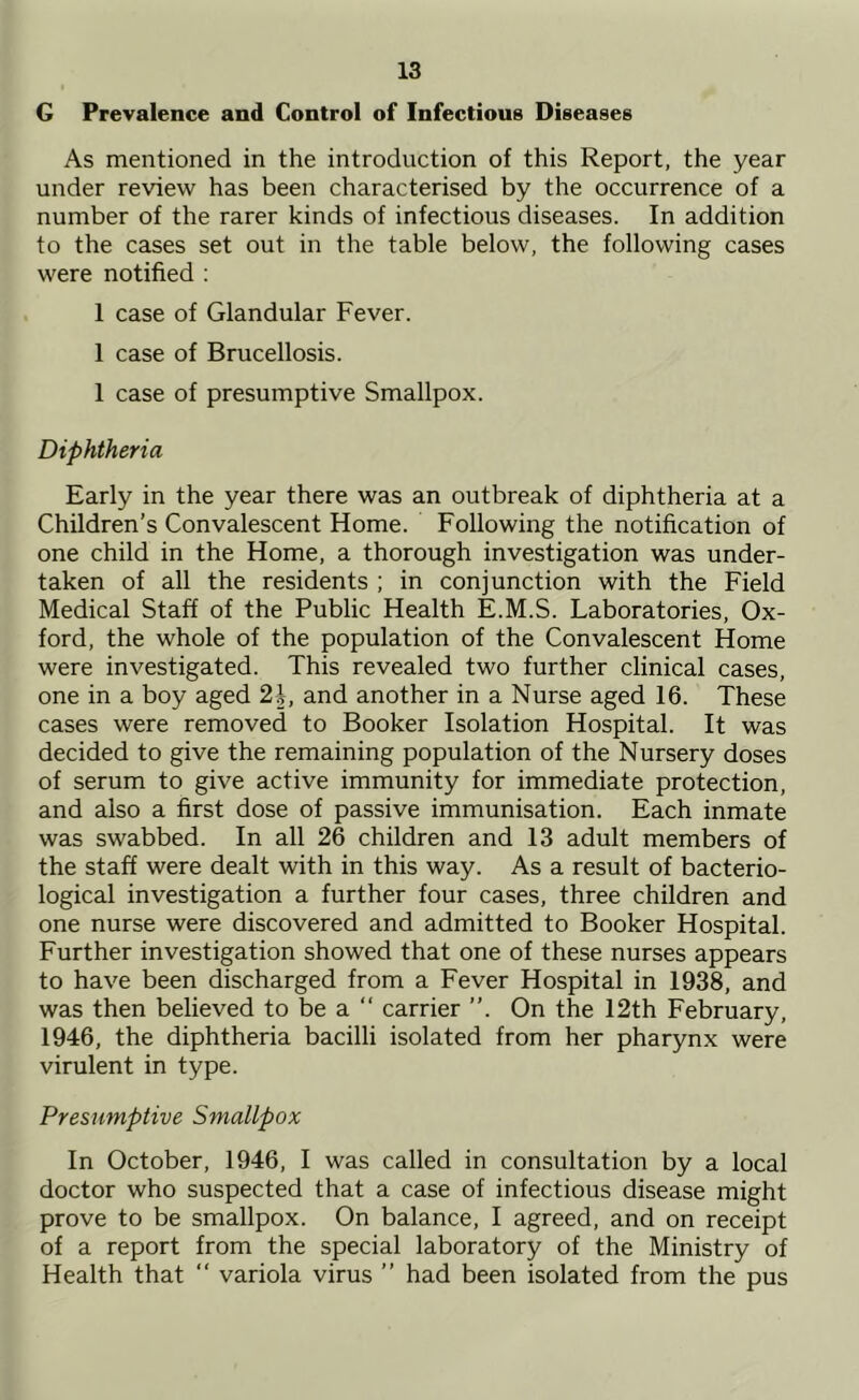 G Prevalence and Control of Infectious Diseases As mentioned in the introduction of this Report, the year under review has been characterised by the occurrence of a number of the rarer kinds of infectious diseases. In addition to the cases set out in the table below, the following cases were notified : 1 case of Glandular Fever. 1 case of Brucellosis. 1 case of presumptive Smallpox. Diphtheria Early in the year there was an outbreak of diphtheria at a Children’s Convalescent Home. Following the notification of one child in the Home, a thorough investigation was under- taken of all the residents ; in conjunction with the Field Medical Staff of the Public Health E.M.S. Laboratories, Ox- ford, the whole of the population of the Convalescent Home were investigated. This revealed two further clinical cases, one in a boy aged 2b, and another in a Nurse aged 16. These cases were removed to Booker Isolation Hospital. It was decided to give the remaining population of the Nursery doses of serum to give active immunity for immediate protection, and also a first dose of passive immunisation. Each inmate was swabbed. In all 26 children and 13 adult members of the staff were dealt with in this way. As a result of bacterio- logical investigation a further four cases, three children and one nurse were discovered and admitted to Booker Hospital. Further investigation showed that one of these nurses appears to have been discharged from a Fever Hospital in 1938, and was then believed to be a “ carrier On the 12th February, 1946, the diphtheria bacilli isolated from her pharynx were virulent in type. Presumptive Smallpox In October, 1946, I was called in consultation by a local doctor who suspected that a case of infectious disease might prove to be smallpox. On balance, I agreed, and on receipt of a report from the special laboratory of the Ministry of Health that “ variola virus ” had been isolated from the pus