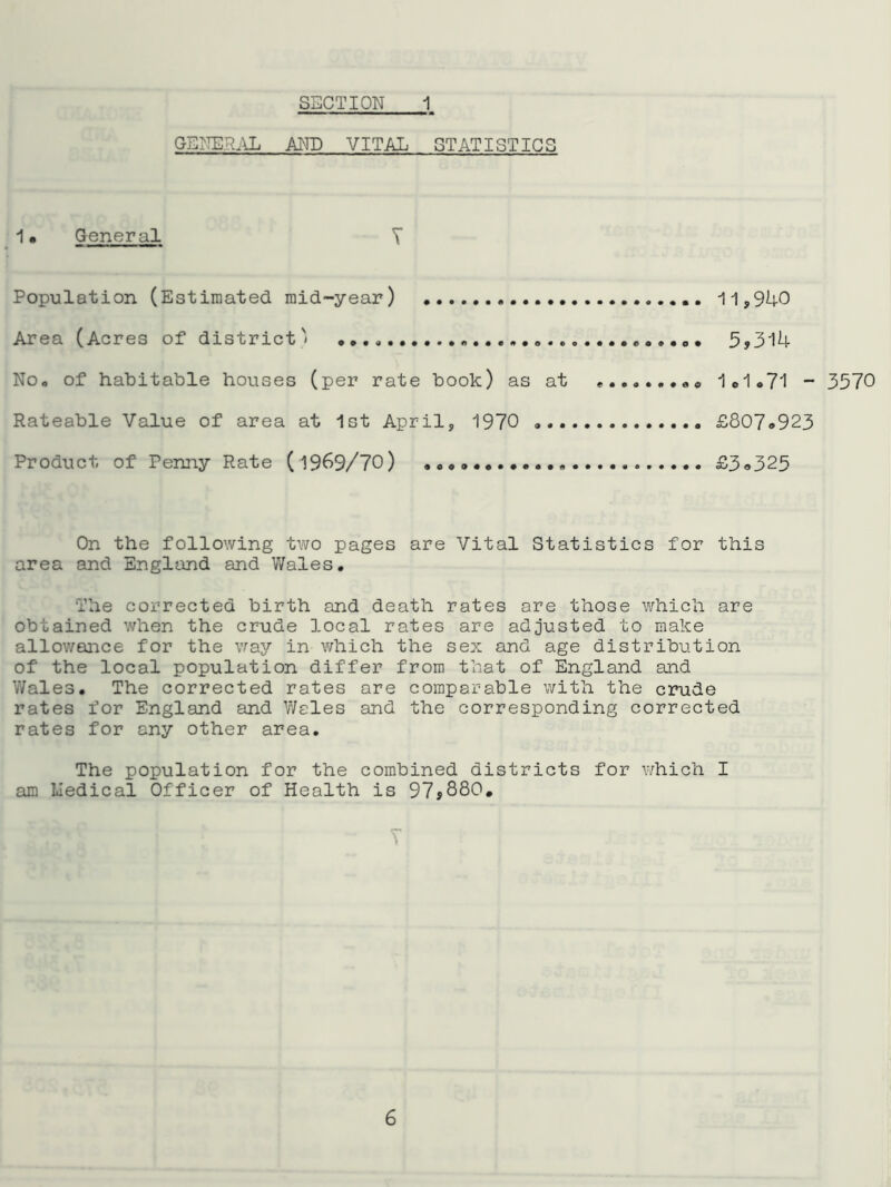 GENERilL AND VITAL STATISTICS 1• General Y Population (Estimated raid-year) 1-1,940 Area (Acres of district' 5,314 NOo of habitable houses (per rate book) as at * 1o1«71 - 3570 Rateable Value of area at 1st April, 1970 £807*923 Product of Penny Rate (1969/70) £3*325 On the following two pages are Vital Statistics for this area and England and Wales, The corrected birth and death rates are those which are obtained when the crude local rates are adjusted to make alloY/aiice for the way in which the sex and age distribution of the local population differ from that of England and Wales. The corrected rates are comparable with the crude rates for England sind V7eles and the corresponding corrected rates for any other area. The population for the combined districts for which I am hedical Officer of Health is 97,880# T