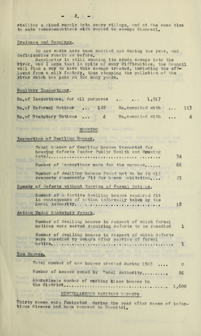 stall incr a ~ioed purely into every village, *nd at the wswe time to cal cowmen Cation* with r - rd to i. irpinp e ' nf- -. p: e. No new wcrks have been carried oat during tne ye r, and deficiencitp fcaain sc before. Beaminstcr is ^till running its crude sewage into the river, ?nd I nope that in spite of many difficulties, the Council wifi find a way to have this sewage tested, including the eff- luent from a milk factory, tnus stopping the pollution of the river which hit gone on for many years. Ssnlterv Inspections. No.of Inspections, for iU purposes ... ... 1*517 No.of Informal Notices ... 122 No.complied with ... 113 No.of Statutory Notices ... 4 No.complied with ... 4 HnnoiwG Inspection of Dwellin'--' Total n mbor of dwelling hou^e® inspected for housing defects (under Public Health snd Acts) 34 Number of ■n^oectiorc cad# for the purpose 66 Number of dwelling houses foun* not to be in all respects r ^orr-bly ^it ^or hman abl tat ion.. • • ^3 Remedy of Effects without larvioe of Forma l ~t.i s. Number of d fective dwelling houses rendered fit in consequence of s tion informally taken by the Local Authority l8 Action l?nd> r Statutory Rovers. Number of dwelling houses in respect of which formal notices were served requiring defects to oe remedied 1 Number of dwelling houses in respect of which defects were remedied by owners after service of forms! notice 1 New Houses. Total number of Rtw hou-es erected (Kurin - 3 .... o Number of houses owned by Loeal Authority 86 Approximate numb'r of ^rkinsr bless houses in the district i,6oo VI^NLLANFctto c»AT\TTTftT?v p pcPTo Thirty rooms were fumigPted during the year after coses of in^ec- ti us di^e^e hsd be n removed to Hospital,