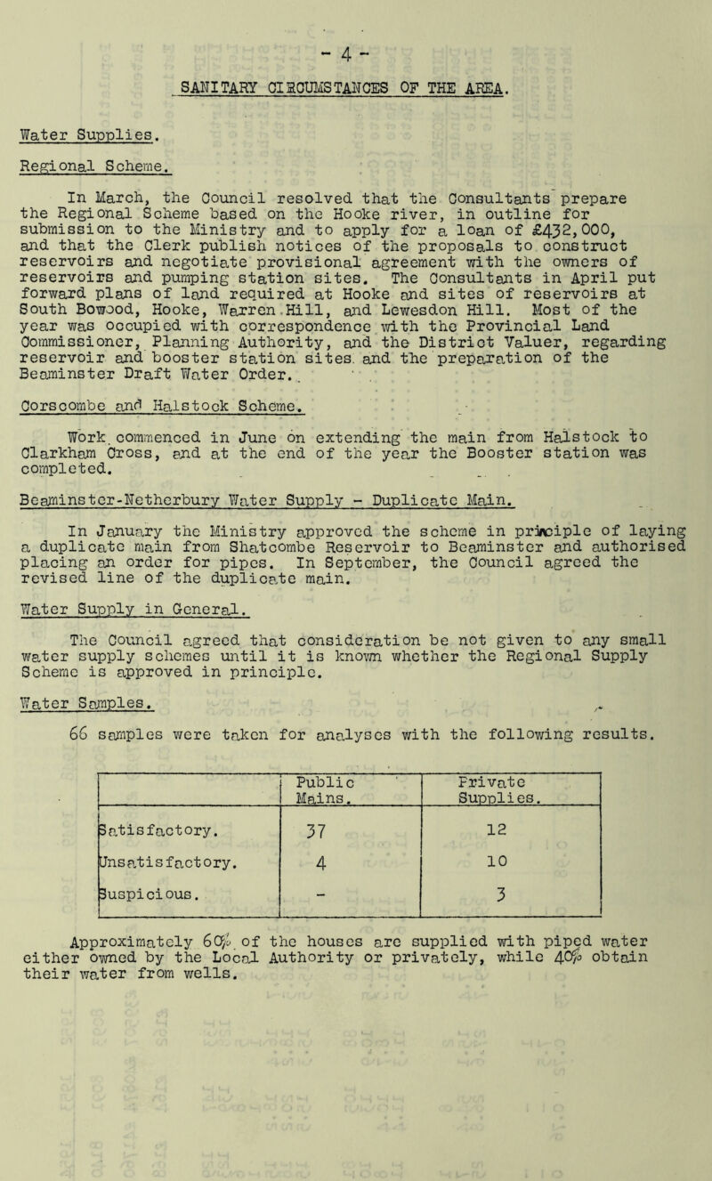 SANITARY OIEOMSTAHCES OF THE AREA. Water Supplies. Regional Scheme. In March, the Oouncil resolved that the Consultants prepare the Regional Scheme based on the Hooke river, in outline for submission to the Ministry and to apply for a loan of £432,000, and that the Clerk publish notices of the proposals to construct reservoirs and negotiate provisional agreement with the owners of reservoirs and pumping station sites. The Consultants in April put forward plans of land required at Hooke and sites of reservoirs at South Bowood, Hooke, Warren.Hill, and Lewesdon Hill. Most of the year was occupied with correspondence.with the Provincial Land Commissioner, Planning Authority, and the District Valuer, regarding reservoir and booster station sites, and the preparation of the Beaminster Draft ?/ater Order. Co rs combe and Hals took Scheme. ' Work.commenced in June on extending the main from Haistock to Clarkham Cross, end at the end of the yee-r the Booster station was completed. Beajminster>Netherbury Water Supply - Duplicate Main. In January the Ministry approved the scheme in praciple of laying a duplicate main from Shatcombe Reservoir to Beaminster and authorised placing an order for pipes. In September, the Council agreed the revised line of the duplicate main. Water Supply in General. The Council a.greed that consideration be not given to any small water supply schemes until it is known whether the Regional Supply Scheme is approved in principle. Water Sa.;rples. 66 samples were taken for anaJyses with the following results. Public Private Mains. Supplies. 3a.tisfactory. 37 12 Cnsa.tisfactory. 4 10 Suspicious. 3 Approximately 6CP/^ of the houses arc supplied with piped water either owned by the Local Authority or privately, while 4C^ obtain their water from wells.