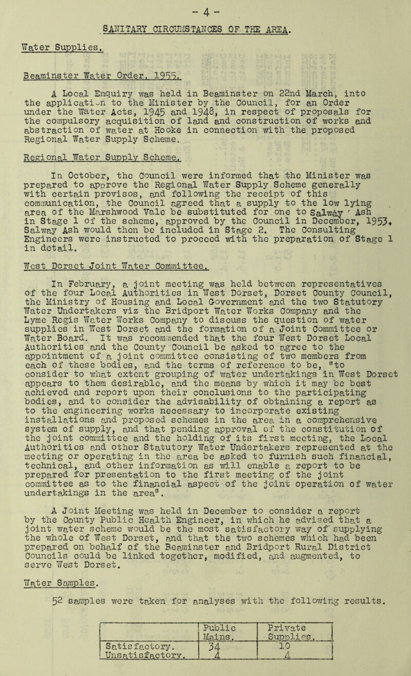 SANITARY OIROUI/ISTANOES OF THE AR5A. Water Supplies. Beaminster Water Order, 19^*5. A Local Enquiry was held in Beaminster on 22nd March, into the application to the Minister by the Oouncil, for an Order under the Water Acts, 1945 and 1948, in respect of proposals for the compulsory acquisition of land and construction of works and abstraction of water at Hooke in connection with the proposed Regional Water Supply Scheme. Regional Water Supply Scheme. In October, the Council were informed that the Minister was prepared to approve the Regional Water Supply Scheme generally with certain provisos, and following the receipt of this communication, the Oouncil agreed that a supply to the low lying area of the Marshwood Vale be substituted for one to Salway •' Ash in Stage 1 of the scheme, approved by the Oouncil in December, 1953f Salvmy Ash would then be included in Sta.ge 2. The Consulting Engineers were instructed to proceed with the preparation of Stage 1 in detail. West Dorset Joint Water Committee. In February, a joint meeting was held between representatives of the four Local Authorities in West Dorset, Dorset County Council, the Ministry of Housing and Local Grovernment and the two Statutory Water Undertakers viz the Bridport Water Works Company and the Lyme Regis Water Works Company to discuss the question of water supplies in West Dorset and the formation of a Joint Committee or Water. Board. It was recommended that the four West Dorset Local Authorities and the County Council be asked to agree to the appointment of a joint committee consisting of two members from each of these bodies, and the terms of reference to be, to consider to what extent grouping of water undertakings in West Dorset appears to them desirable, and the means by v/hich it may be best achieved emd report upon their conclusions to the participating bodies, and to consider the advisability of obtaining a report as to the engineering works necessary to incorporate existing installations and proposed schemes in the area ih a comprehensive system of supply, and that pending approval of the constitution of the joint committee and the holding of its first meeting, the Local Authorities ejad other Statutory Water Undertakers represented at the meeting or operating in the area be asked to furnish such financial, technical, and other information as W3.11 enable a report to be prepared for presentation to the first meeting of the joint committee as to the financial aspect of the joint operation of water undertakings in the area. A Joint Meeting was held in December to consider a report by the County Public Health Engineer, in v>[hich he advised that a joint water scheme virould be the most satisfactory way of supplying the whole of West Dorset, and that the two schemes which had been prepared on behalf of the Beaminster and Bridport Rural District Councils could be linked together, modified, and augm.ented, to serve YiTest Dorset. Water Samples. 52 samples were taken for analyses with the following results. Public Private Mains. Supolies. Satisfactory. 34 10 I Unsatisfactorv. 4 41. 1