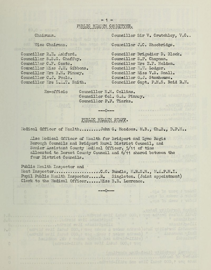 Chairnan. PUBLIC HZAXIH CqillITTEE. Councillor Sir V, Crutchloy, V.G Vico Chairmen. Couiicillor J.C. Shoobridgo. Councillor P.2, Ashford. Councillor S.S.G. Chaffoy, Councillor C.P, Coatc, Councillor hiss J.Ii. Gibbons, Councillor Ilrs B.H, Pinney, Councillor C.J, Poole. Coiincillor Mrs Sroith. Co;.uicillor Councillor Councillor Councillor Coimcillor Counoillor Councillor Brigadier D, Block, S,P, Chapman. LIrs 2,F. Holden, 2.TJ. Lodger, i.'llss V.S, Small, G.J, Stenhouse, Capt, P.H.S. Roid R.H Ex-officio Councillor H,H. Collins, Councillor Col. G.A, Pinney, Councillor P,?. Tiarks, -0— PUBLIC STAPP . Medical Officer of Health John G, Meadows. M.B., Ch.B,, D.P.H,, .'J.SO Medical Officer of Health for Bridport and Lyme Regis Borough Coxmcils and Bridport Rural District Council, and Sordor li^sistant County liodJ-cal OffLcor, 5/i1 of time allocated to Dorset County Council and 6/l1 shared bet-vToen the four District Councils. Public Health Inspector and • Meat Inspector C.C. Bundle, M.R.S.H., M.A.P.H.I. Pupil Public Health Inspector R, Singleton, (Joint appointment) Clerk to the Medical Officer Miss B.S, Lawrence,