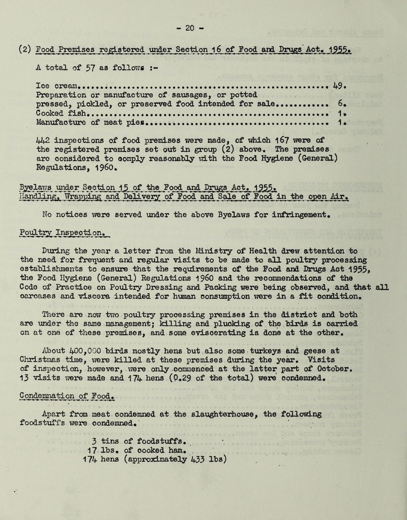 A total of 57 as followg :- Ice cream 49* Preparation or manufacture of sausages, or potted pressed, pickled, or preserved food intended for sale 6. Cooked fish. 1» Manufacture of meat pies 1* 442 inspections of food premises were made, of which 167 were of the registered premises set out in group (2) above. The premises are considered to comply reasonably with the Food Hygiene (General) Regulations, ^^6Q^ Byelaws under Section 1 j of tiie ^9_9§‘_ Handling. Wrapping and Iteliveiy of Food and Sale of Foc^ in the open Air, No notices were served under the above Bjrelaws for infringement. on. During the year a letter from the Mnistiy of Heal-tti drew attention to the need for fre-quent and regular visits to be made to all poultry processing establishments to ensure that the req\ri.rements of the Food and Drugs Aot 1955, the Food Hygiene (General) Regulations 196O and the recommendations of the Code of Practice on Poxiltry Dressing and Packing were being observed, and that all carcases and viscera intended for human consumption were in a fit condition. There are now two poultry processing premises in the district and both are under the same management; killing and plxioking of the birds is carried on at one of these premises, and some eviscerating is done at the other. About 400,000 birds mostly hens but also some turkeys and geese at Christmas time, were killed at these premises during the year. Visits of inspection, however, were only commenoed at the latter part of October. 13 visits were made and 174 hens (P.29 of the total) were condemned, Condeianation of Food. Apart from moat condemned at the sla\:ighterhouse, the following foodstuffs were condemned, 3 tins of foodstxjffs, 17 lbs, of cooked ham, 174 hens (approximately 433 lbs)