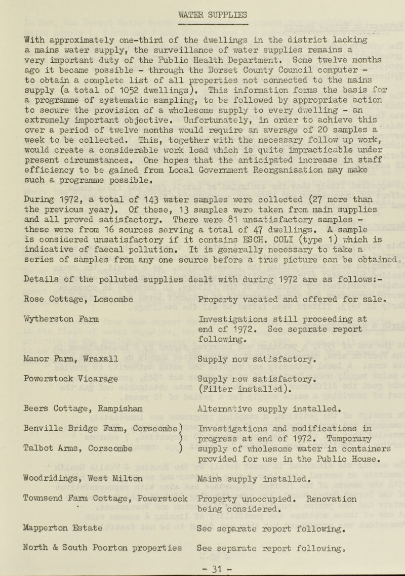 V^ATER SUPPLIES With approximately one-third of the dv/ellings in the district lacking a mains water supply, the surveillance of water supplies remains a very important duty of the Public Health Department. Some twelve months ago it became possible - through the Dorset County Council computer - to obtain a complete list of all properties not connected to the mains supply (a total of 1052 dwellings). This information foms the basis for a programme of systematic sampling, to be follov/ed by appropriate action to secure the provision of a wholesome supply to every dwelling - an extremely important objective. Unfortunately, in order to achieve this over a period of t?;elve months would require an average of 20 samples a week to be collected. This, together with the necessary follow up work, would create a considerable work load which is quite impracticable under present circumstances. One hopes that the anticipated increase in staff efficiency to be gained from Local Government Reorganisation may make such a programme possible. During 1972, a total of 143 water samples v/ere collected (27 more than the previous year). Of these, 13 samples were taken from main supplies and all proved satisfactory'’. There were 8l unsatisfactory samples - these were from 16 sources serving a total of 47 dv^ellings, A sample is considered unsatisfactory if it contains ISCH. COLI (type l) v/hich is indicative of faecal pollution. It is generally necessary to take a series of samples from any one source before a tme picture can be obtained^ Details of the polluted supplies dealt with during 1972 are as followss- Rose Cottage, Loscombe Wytherston Farm Manor Farm, Wraxall Powerstock Vicarage Beers Cottage, Rampisham Benville Bridge Farm, Corscombe^ j Talbot Arms, Corscombe ) Woodridings, West Milton Townsend Farm Cottage, Pov/erstock Mapperton Estate North & South Poorton properties Property vacated and offered for sale^ Investigations still proceeding at end of 1972. See separate report following. Supply nov/ satisfactory. Supply now satisfactory. (Filter install’d). Alternative supply installed. Investigations and modifications in progress at end of 1972. Temporary supply of vdiolesorae T’/ater in containers provided for use in the Public House. Mains supply installed. Property unoccupied. Renovation being 'considered. See separate repoiTt following. See separate report following.