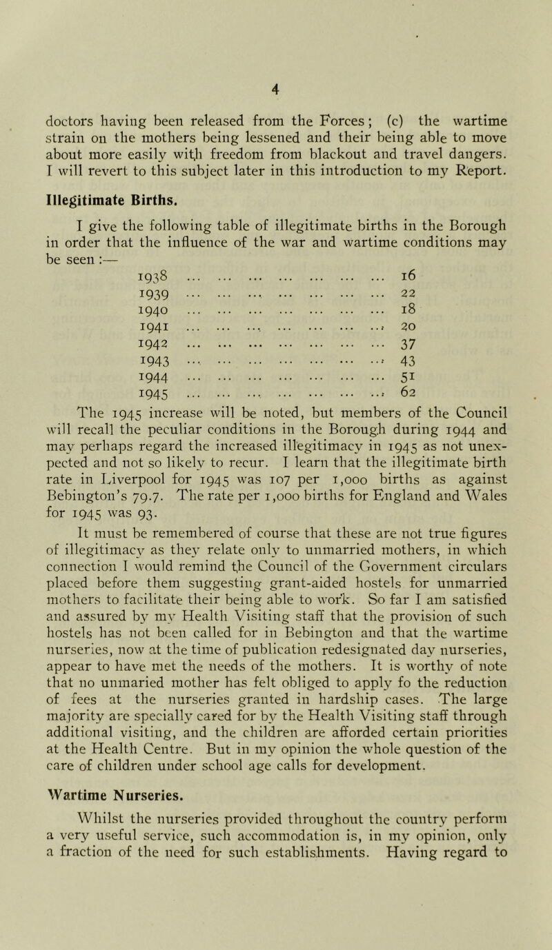 doctors having been released from tile Forces; (c) the wartime strain on the mothers being lessened and their being able to move about more easily with freedom from blackout and travel dangers. I will revert to this subject later in this introduction to m)' Report. Illegitimate Births. T give the following table of illegitimate births in the Borough in order that the influence of the war and wartime conditions may be seen :— 1938 16 1939 22 1940 18 1941 > 20 1942 37 1943 ••• 43 1944 5i 1945 * 62 The 1945 increase will be noted, but members of the Council will recall the peculiar conditions in the Borough during 1944 and may perhaps regard the increased illegitimacy in 1945 as not unex- pected and not so likely to recur. I learn that the illegitimate birth rate in Liverpool for 1945 was 107 per 1,000 births as against Bebington’s 79.7. The rate per 1,000 births for England and Wales for 1945 was 93. It must be remembered of course that these are not true figures of illegitimacy as they relate only to unmarried mothers, in which connection I would remind the Council of the Government circulars placed before them suggesting grant-aided hostels for unmarried mothers to facilitate their being able to work. So far I am satisfied and assured by my Health Visiting staff that the provision of such hostels has not been called for in Bebington and that the wartime nurseries, now at the time of publication redesignated day nurseries, appear to have met the needs of the mothers. It is worthy of note that no unmaried mother has felt obliged to apply fo the reduction of fees at the nurseries granted in hardship cases. The large majority are specially cared for by the Health Visiting staff through additional visiting, and the children are afforded certain priorities at the Health Centre. But in my opinion the whole question of the care of children under school age calls for development. Wartime Nurseries. Whilst the nurseries provided throughout the country perform a very useful service, such accommodation is, in my opinion, only a fraction of the need for such establishments. Having regard to