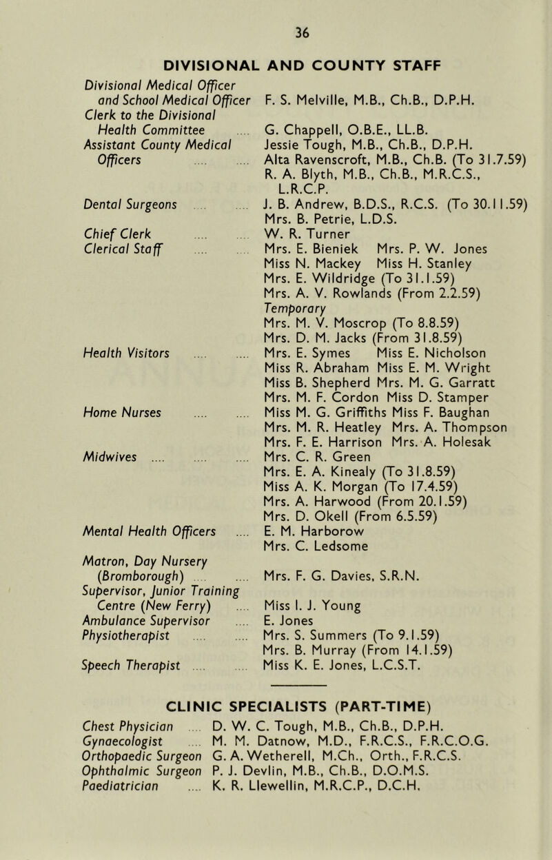 DIVISIONAL AND COUNTY STAFF Divisional Medical Officer and School Medical Officer Clerk to the Divisional Health Committee Assistant County Medical Officers Dental Surgeons Chief Clerk Clerical Staff Health Visitors Home Nurses Midwives Mental Health Officers Matron, Day Nursery (Bromborough) Supervisor, Junior Training Centre (New Ferry) Ambulance Supervisor Physiotherapist Speech Therapist F. S. Melville, M.B., Ch.B., D.P.H. G. Chappell. O.B.E.. LLB. Jessie Tough, M.B., Ch.B., D.P.H. Alta Ravenscroft, M.B., Ch.B. (To 31.7.59) R. A. Blyth, M.B., Ch.B., M.R.C.S., L.R.C.P. J. B. Andrev^, B.D.S., R.C.S. (To 30.1 1.59) Mrs. B. Petrie, L.D.S. W. R. Turner Mrs. E. Bieniek Mrs. P. W. Jones Miss N. Mackey Miss H. Stanley Mrs. E. Wildridge (To 31.1.59) Mrs. A. V. Rov/lands (From 2.2.59) Temporary Mrs. M. V. Moscrop (To 8.8.59) Mrs. D. M. Jacks (From 31.8.59) Mrs. E. Symes Miss E. Nicholson Miss R. Abraham Miss E. M. Wright Miss B. Shepherd Mrs. M. G. Garratt Mrs. M. F. Cordon Miss D. Stamper Miss M. G. Griffiths Miss F. Baughan Mrs. M. R. Heatley Mrs. A. Thompson Mrs. F. E. Harrison Mrs. A. Holesak Mrs. C. R. Green Mrs. E. A. Kinealy (To 31.8.59) Miss A. K. Morgan (To 17.4.59) Mrs. A. Harwood (From 20.1.59) Mrs. D. Okell (From 6.5.59) E. M. Harborow Mrs. C. Ledsome Mrs. F. G. Davies. S.R.N. Miss 1. J. Young E. Jones Mrs. S. Summers (To 9.1.59) Mrs. B. Murray (From 14.1.59) Miss K. E. Jones, L.C.S.T. CLINIC SPECIALISTS (PART-TIME) Chest Physician D. W. C. Tough, M.B., Ch.B., D.P.H. Gynaecologist M. M. Datnow, M.D., F.R.C.S., F.R.C.O.G. Orthopaedic Surgeon G. A. Wetherell, M.Ch., Orth., F.R.C.S. Ophthalmic Surgeon P. J. Devlin, M.B., Ch.B., D.O.M.S. Paediatrician .... K. R. Llewellin, M.R.C.P., D.C.H.