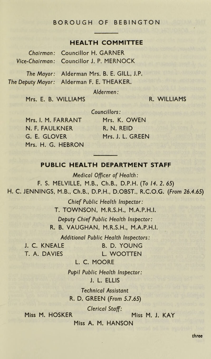 HEALTH COMMITTEE Chairman: Vice-Chairman: Councillor H. GARNER Councillor J. P. MERNOCK The Mayor: Alderman Mrs. B. E. GILL, J.P. The Deputy Mayor: Alderman F. E. THEAKER. Aldermen: Mrs. E. B. WILLIAMS R. WILLIAMS Mrs. I. M. FARRANT N. F. FAULKNER G. E. GLOVER Mrs. H. G. HEBRON Councillors: Mrs. K. OWEN R. N. REID Mrs. J. L. GREEN PUBLIC HEALTH DEPARTMENT STAFF Medical Officer of Health: F. S. MELVILLE, M.B., Ch.B., D.P.H. (To 14. 2. 65) H. C. JENNINGS, M.B., Ch.B., D.P.H., D.OBST., R.C.O.G. (From 26.4.65) Chief Public Health Inspector: T. TOWNSON, M.R.S.H., M.A.P.H.I. Deputy Chief Public Health Inspector: R. B. VAUGHAN, M.R.S.H., M.A.P.H.I. Additional Public Health Inspectors: J. C. KNEALE B. D. YOUNG T. A. DAVIES L. WOOTTEN L. C. MOORE Pupil Public Health Inspector: J. L. ELLIS Technical Assistant R. D. GREEN (From 5.7.65) Clerical Staff: Miss M. HOSKER Miss M. J. KAY Miss A. M. HANSON three