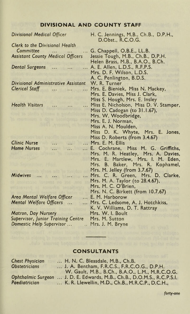 DIVISIONAL AND COUNTY STAFF Divisional Medical Officer Clerk to the Divisional Health Committee Assistant County Medical Officers Dental Surgeons Divisional Administrative Assistant Clerical Staff Health Visitors Clinic Nurse Home Nurses Midwives Area Mental Welfare Officer Mental Welfare Officers ... Matron, Day Nursery Supervisor, Junior Training Centre Domestic Help Supervisor ... H. C. Jennings, M.B., Ch.B., D.P.H., D.Obst., R.C.O.G. G. Chappell, O.B.E., LL.B. Jessie Tough, M.B., Ch.B., D.P.H. Helen Brass, M.B., B.A.O., B.Ch. A. E. Allen, L.D.S., R.F.P.S. Mrs. D. F. Wilson, L.D.S. A. C. Penlington, B.D.S. W. R. Turner Mrs. E. Bieniek, Miss N. Mackey, Mrs. E. Davies, Miss J. Clark, Miss S. Hough, Mrs. E. Insley Miss E. Nicholson, Miss D. V. Stamper, Miss D. Cadogan (to 31.1.67), Mrs. W. Woodbridge, Mrs. E. J. Norman, Miss A. N. Moulden, Miss D. K. Whyte, Mrs. E. Jones, Miss D. Roberts (from 3.4.67) Mrs. E. M. Ellis E. Cochrane, Miss M. G. Griffiths, Mrs. M. R. Heatley, Mrs. A. Davies, Mrs. E. Martlew, Mrs. I. M. Eden, Mrs. B. Baker, Mrs. R. Kophamel, Mrs. M. Jelley (from 3.7.67) Mrs. C. R. Green, Mrs. D. Clarke, Mrs. M. A. Taylor (to 28.4.67), Mrs. M. C. O’Brien, Mrs. N. C. Birkett (from 10.7.67) E. M. Harborow Mrs. C. Ledsome, A. J. Hotchkiss, K. V. Williams, D. T. Rattray Mrs. W. I. Boult Mrs. M. Sutton Mrs. J. M. Bryne Chest Physician Obstetricians Ophthalmic Surgeon Paediatrician CONSULTANTS H. N. C. Bleasdale, M.B., Ch.B. J. A. Bentham, F.R.C.S., F.R.C.O.G., D.P.H. W. Gault, M.B., B.Ch., B.A.O., L.M., M.R.C.O.G. J. D. E. Edwards, M.B., Ch.B., D.O.M.S., R.C.P.S.I. K. R. Llewellin, M.D., Ch.B., M.R.C.P., D.C.H., forty-one
