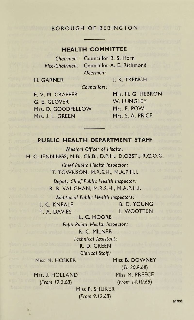 HEALTH COMMITTEE Chairman: Councillor B. S. Horn Vice-Chairman: Councillor A. E. Richmond Aldermen: H. GARNER J. K. TRENCH Councillors: E. V. M. CRAPPER G. E. GLOVER Mrs. D. GOODFELLOW Mrs. J. L. GREEN Mrs. H. G. HEBRON W. LUNGLEY Mrs. E. POWL Mrs. S. A. PRICE PUBLIC HEALTH DEPARTMENT STAFF Medical Officer of Health: H. C. JENNINGS, M.B., Ch.B., D.P.H., D.OBST., R.C.O.G. Chief Public Health Inspector: T. TOWNSON, M.R.S.H., M.A.P.H.I. Deputy Chief Public Health Inspector: R. B. VAUGHAN, M.R.S.H., M.A.P.H.I. Additional Public Health Inspectors: J. C. KNEALE B. D. YOUNG T. A. DAVIES L. WOOTTEN L. C. MOORE Pupil Public Health Inspector: R. C. MILNER Technical Assistant: R. D. GREEN Clerical Staff: Miss M. HOSKER Miss B. DOWNEY (To 20.9.68) Mrs. J. HOLLAND Miss M. PREECE (From 19.2.68) (From 14.10.68) Miss P. SHUKER (From 9.12.68) three