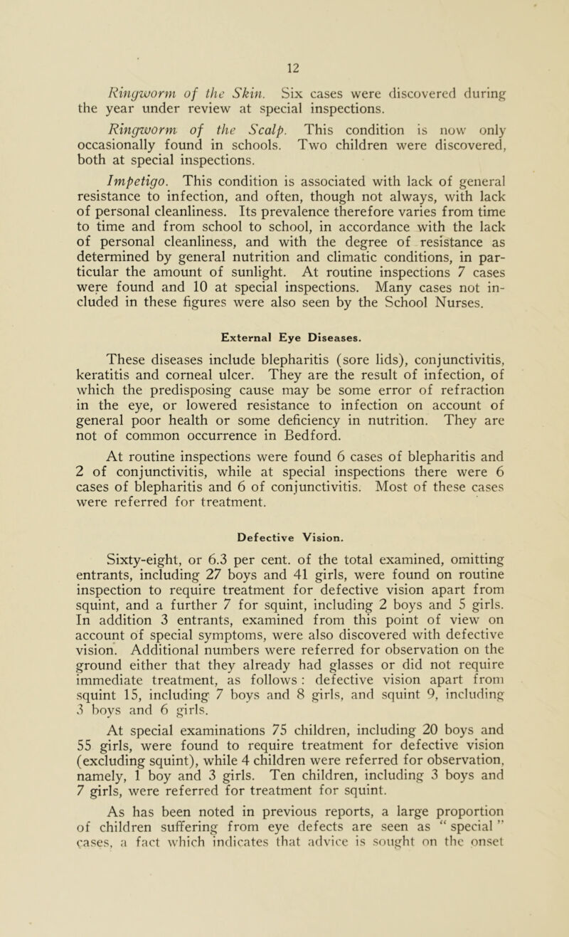 Ringworm of the Skin. Six cases were discovered during the year under review at special inspections. Ringworm of the Scalp. This condition is now only occasionally found in schools. Two children were discovered, both at special inspections. Impetigo. This condition is associated with lack of general resistance to infection, and often, though not always, with lack of personal cleanliness. Its prevalence therefore varies from time to time and from school to school, in accordance with the lack of personal cleanliness, and with the degree of .resistance as determined by general nutrition and climatic conditions, in par- ticular the amount of sunlight. At routine inspections 7 cases were found and 10 at special inspections. Many cases not in- cluded in these figures were also seen by the School Nurses. External Eye Diseases. These diseases include blepharitis (sore lids), conjunctivitis, keratitis and corneal ulcer. They are the result of infection, of which the predisposing cause may be some error of refraction in the eye, or lowered resistance to infection on account of general poor health or some deficiency in nutrition. They are not of common occurrence in Bedford. At routine inspections were found 6 cases of blepharitis and 2 of conjunctivitis, while at special inspections there were 6 cases of blepharitis and 6 of conjunctivitis. Most of these cases were referred for treatment. Defective Vision. Sixty-eight, or 6.3 per cent, of the total examined, omitting entrants, including 27 boys and 41 girls, were found on routine inspection to require treatment for defective vision apart from squint, and a further 7 for squint, including 2 boys and 5 girls. In addition 3 entrants, examined from this point of view on account of special symptoms, were also discovered with defective vision. Additional numbers were referred for observation on the ground either that they already had glasses or did not require immediate treatment, as follows: defective vision apart from squint 15, including 7 boys and 8 girls, and squint 9, including 3 boys and 6 girls. At special examinations 75 children, including 20 boys and 55 girls, were found to require treatment for defective vision (excluding squint), while 4 children were referred for observation, namely, 1 boy and 3 girls. Ten children, including 3 boys and 7 girls, were referred for treatment for squint. As has been noted in previous reports, a large proportion of children suffering from eye defects are seen as “ special cases, a fact which indicates that advice is sought on the onset