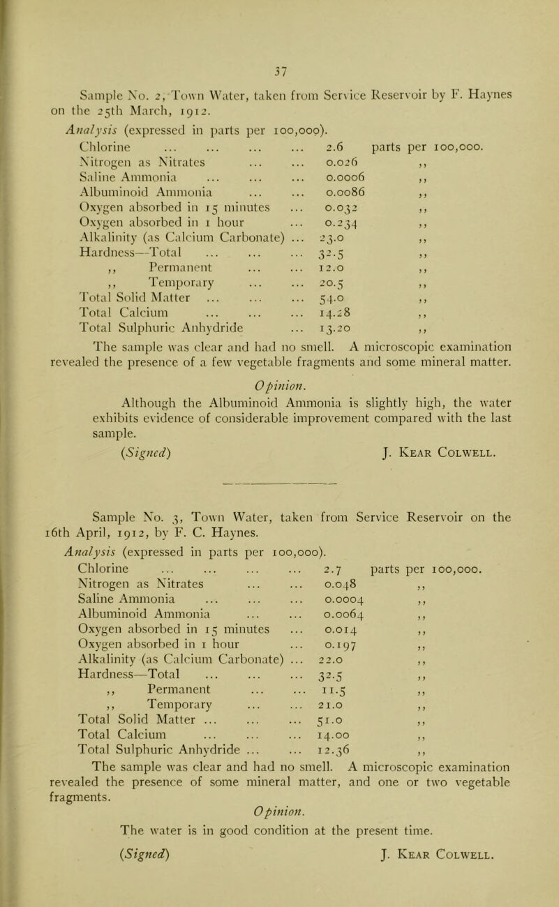 57 Sample No. 2, Town Water, taken from Service the 25th March, J912. Analysis (expressed in parts per 100,000). Reservoir by F. Hay Chlorine 2.6 parts per 100,000. Nitrogen as Nitrates 0.026 J ) Saline Ammonia 0.0006 ; J .Albuminoid .Ammonia 0.0086 > > Oxygen absorbed in 15 minutes 0.032 J > Oxygen absorbed in 1 hour • 0.234 > y .Alkalinity (as Calcium Carbonate) • -’3-0 )) Hardness—Total • 3^-5 J) ,, Permanent 12.0 J y ,, Temporary • 0.5 y y Total Solid Matter • 54-0 y y Total Calcium 14.28 y y Total Sulphuric Anhydride 13.20 y y The sample was clear and had no smell. A microscopic examination revealed the presence of a few vegetable fragments and some mineral matter. 0 pinion. Although the Albuminoid Ammonia is slightly high, the water exhibits evidence of considerable improvement compared with the last sample. (Signed) J. Kear Colwell. Sample No. 3, Town Water, taken from Service Reservoir on the 16th April, 1912, by F. C. Haynes. Analysis (expressed in parts per 100 ,000). Chlorine 2.7 parts per 100,000. Nitrogen as Nitrates 0.048 y y Saline Ammonia 0.0004 y y Albuminoid Ammonia 0.0064 y y Oxygen absorbed in 15 minutes 0.014 y y Oxygen absorbed in i hour 0.197 y y .Alkalinity (as Calcium Carbonate) 22.0 y y Hardness—Total • 32-5 y y ,, Permanent •• 11-5 y y ,, Temporary 21.0 y y Total Solid Matter ... • 51-0 y y Total Calcium 14.00 y y Total Sulphuric .Anhydride ... • 12.36 y y The sample was clear and had no smell. A microscopic examination •ealed the presence of some mineral matter, and one or two vegetable fragments. Opinion. The water is in good condition at the present time.