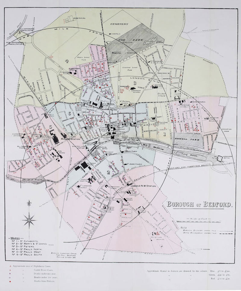 + o Scarlet Fever Cases. Deaths \mder one year. Deatlis under five years. Deallis from Phtliisis. Approximate Rental in districts are denoted by the colours. Blue. „ M Green. Red. /8 to ^500. to ^80. £iz to £30.