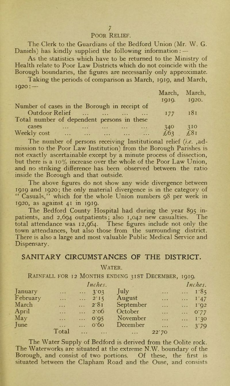 Poor Relief. The Clerk to the Guardians of the Bedford Union (Mr. W. G. Daniels) has kindly supplied the following information : — As the statistics which have to be returned to the Ministry of Health relate to Poor Law Districts which do not coincide with the Borough boundaries, the figures are necessarily only approximate. Taking the periods of comparison as March, 1919, and March, 1920:— March, March, Number of cases in the Borough in receipt of 1919. 1920. Outdoor Relief Total number of dependent persons in these 177 181 cases 340 310 Weekly cost ;^8l The number of persons receiving Institutional relief ( i.e. ,ad- mission to the Poor Law Institution) from the Borough Parishes is not exactly ascertainable except by a minute process of dissection, but there is a 10% increase over the whole of the Poor Law Union, and no striking difference has been observed between the ratio inside the Borough and that outside. The above figures do not show any wide divergence between 1919 and 1920; the only material divergence is in the category of “ Casuals,” which for the whole Union numbers 98 per week in 1920, as against 41 in 1919. The Bedford County Hospital had during the year 895 in- patients, and 2,694 outpatients; also 1,042 new casualties. The total attendance was 12,964. These figures include not only the town attendances, but also those from the surrounding district. There is also a large and most valuable Public Medical Service and Dispensary. SANITARY CIRCUMSTANCES OF THE DISTRICT. Water. Rainfall for 12 Months ending 31ST December, 1919. Inches. Inches. January 303 July ... 1-85 February 2-15 August ... 1-47 March 2'8i September I'92 April 206 October ... 077 May 0 95 November ... 1-30 June o'6o December ••• 379 Total 2270 The Water Supply of Bedford is derived from the Oolite rock. The Waterworks are situated at the extreme N.W. boundary of the Borough, and consist of two portions. Of these, the first is situated between the Clapham Road and the Ouse, and consists