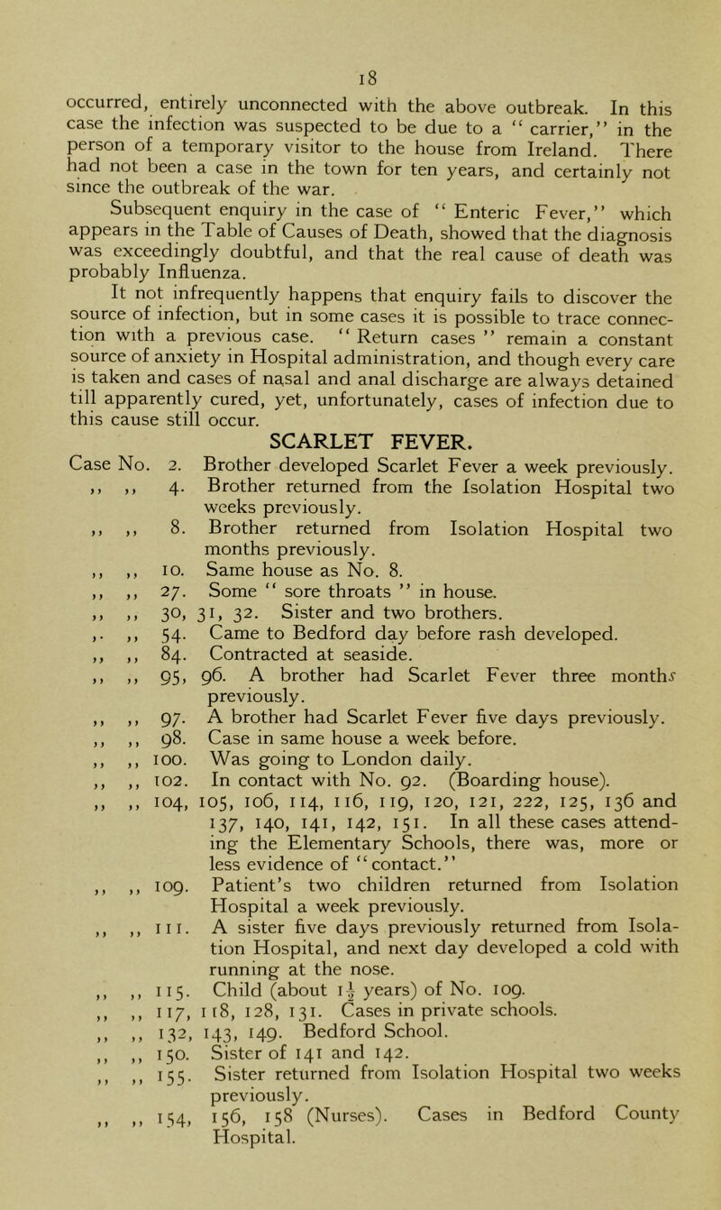 occurred, entirely unconnected with the above outbreak. In this case the infection was suspected to be due to a “ carrier,” in the person of a temporary visitor to the house from Ireland. There had not been a case in the town for ten years, and certainly not since the outbreak of the war. Subsequent enquiry in the case of “ Enteric Fever,” which appears in the Table of Causes of Death, showed that the diagnosis was exceedingly doubtful, and that the real cause of death was probably Influenza. It not infrequently happens that enquiry fails to discover the source of infection, but in some cases it is possible to trace connec- tion with a previous case. ” Return cases ” remain a constant source of anxiety in Hospital administration, and though every care is taken and cases of nasal and anal discharge are always detained till apparently cured, yet, unfortunately, cases of infection due to this cause still occur. SCARLET FEVER. Case No. ) f y) y y y y y y y y y y y y y y y y y • yy y y y y y y y y yy y y y y y y y y y y y y y y yy y y y y y y y y y y y y y y y y y y y y y y y y y y y y y y yy yy 2. Brother developed Scarlet Fever a week previously. 4. Brother returned from the Isolation Hospital two weeks previously. 8. Brother returned from Isolation Hospital two months previously. 10. Same house as No. 8. 27. Some ” sore throats ” in house. 30, 31, 32. Sister and two brothers. 54. Came to Bedford day before rash developed. 84. Contracted at seaside. 95, 96. A brother had Scarlet Fever three months previously. 97. A brother had Scarlet Fever five days previously. 98. Case in same house a week before. 100. Was going to London daily. 102. In contact with No. 92. (Boarding house). 104, 105, 106, 114, 116, 119, 120, 121, 222, 125, 136 and 137, 140, 141, 142, 151. In all these cases attend- ing the Elementary Schools, there was, more or less evidence of “contact.” 109. Patient’s two children returned from Isolation Hospital a week previously. III. A sister five days previously returned from Isola- tion Hospital, and next day developed a cold with running at the nose. 115. Child (about years) of No. 109. 117, I 18, 128, 131. Cases in private schools. 132, 143, 149. Bedford School. 150. Sister of 141 and 142. 155. Sister returned from Isolation Hospital two weeks previously. 154, 156, 158 (Nurses). Cases in Bedford County Hospital.
