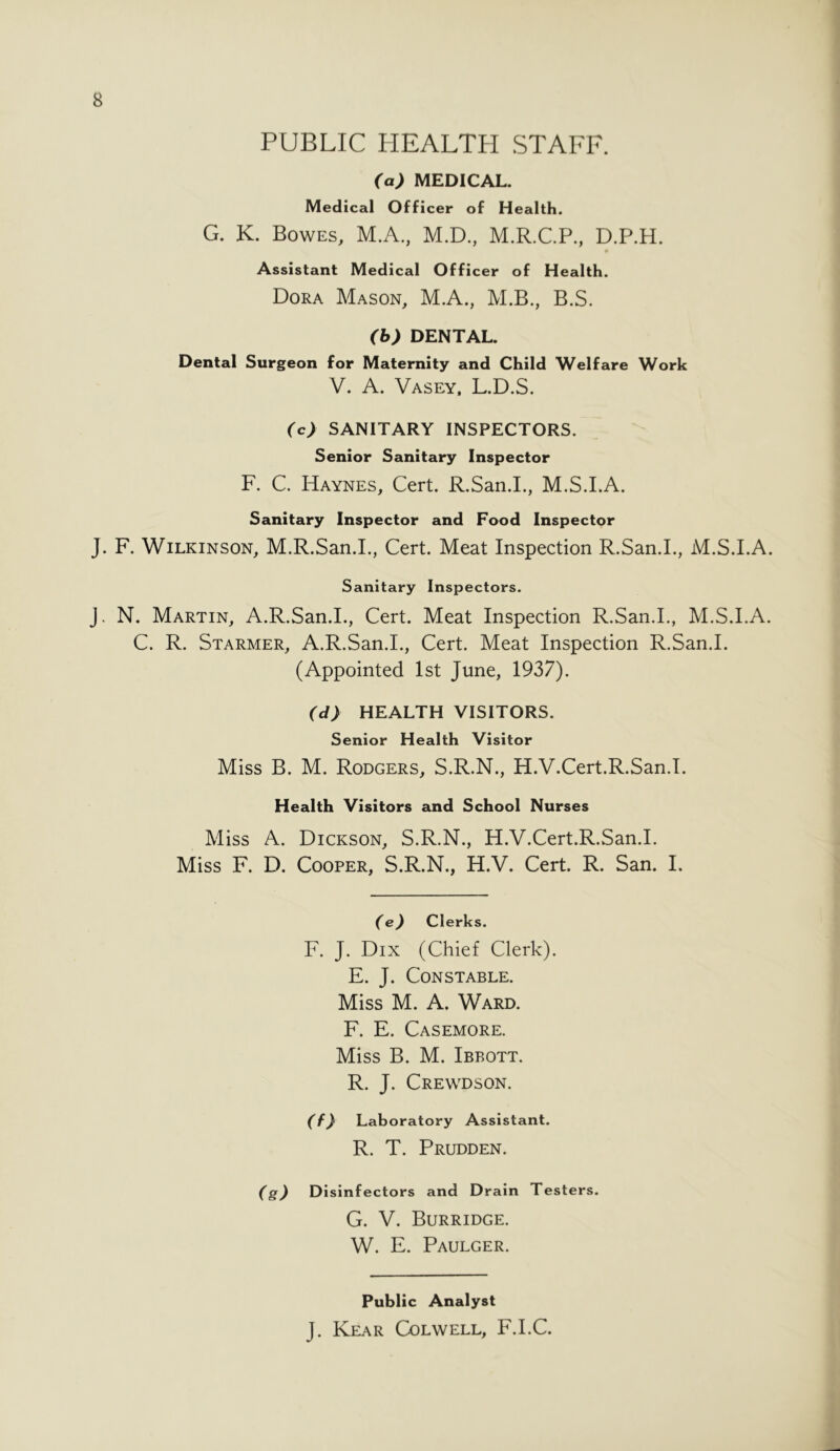 PUBLIC HEALTH STAFF. (a) MEDICAL. Medical Officer of Health. G. K. Bowes, M.A., M.D., M.R.C.P., D.P.H. Assistant Medical Officer of Health. Dora Mason, M.A., M.B., B.S. (b) DENTAL. Dental Surgeon for Maternity and Child Welfare Work V. A. Vasey, L.D.S. (c) SANITARY INSPECTORS. Senior Sanitary Inspector F. C. Haynes, Cert. R.San.I., M.S.I.A. Sanitary Inspector and Food Inspector J. F. Wilkinson, M.R.San.I., Cert. Meat Inspection R.San.I., M.S.I.A. Sanitary Inspectors. J. N. Martin, A.R.San.I., Cert. Meat Inspection R.San.I., M.S.I.A. C. R. Starmer, A.R.San.I., Cert. Meat Inspection R.San.I. (Appointed 1st June, 1937). (d} HEALTH VISITORS. Senior Health Visitor Miss B. M. Rodgers, S.R.N., H.V.Cert.R.San.I. Health Visitors and School Nurses Miss A. Dickson, S.R.N., H.V.Cert.R.San.I. Miss F. D. Cooper, S.R.N., H.V. Cert. R. San. I. (e) Clerks. F. J. Dix (Chief Clerk). E. J. Constable. Miss M. A. Ward. F. E. Casemore. Miss B. M. Ibbott. R. J. Crewdson. (f} Laboratory Assistant. R. T. Prudden. (g) Disinfectors and Drain Testers. G. V. Burridge. W. E. Paulger. Public Analyst J. Kear Colwell, F.I.C.