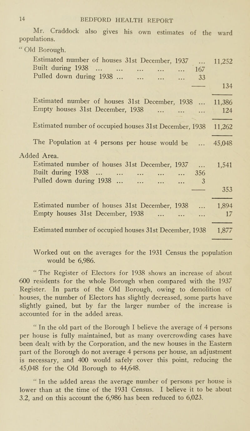 Ml. Craddock also gives his own estimates of the ward populations. Old Borough. Estimated number of houses 31st December, 1937 ... 11,252 Built during 1938 167 Pulled down during 1938 33 134 Estimated number of houses 31st December, 1938 ... 11,386 Empty houses 31st December, 1938 124 Estimated number of occupied houses 31st December, 1938 11,262 The Population at 4 persons per house would be ... 45,048 Added Area. Estimated number of houses 31st December, 1937 ... 1,541 Built during 1938 356 Pulled down during 1938 3 353 Estimated number of houses 31st December, 1938 ... 1,894 Empty houses 31st December, 1938 17 Estimated number of occupied houses 31st December, 1938 1,877 Worked out on the averages for the 1931 Census the population would be 6,986. The Register of Electors for 1938 shows an increase of about 600 residents for the whole Borough when compared with the 1937 Register. In parts of the Old Borough, owing to demolition of houses, the number of Electors has slightly decreased, some parts have slightly gained, but by far the larger number of the increase is accounted for in the added areas. In the old part of the Borough I believe the average of 4 persons per house is fully maintained, but as many overcrowding cases have been dealt with by the Corporation, and the new houses in the Eastern part of the Borough do not average 4 persons per house, an adjustment is necessary, and 400 would safely cover this point, reducing the 45,048 for the Old Borough to 44,648. “ In the added areas the average number of persons per house is lower than at the time of the 1931 Census. I believe it to be about 3.2, and on this account the 6,986 has been reduced to 6,023.