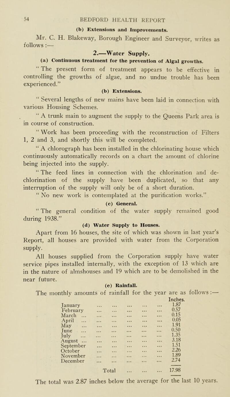 (b) Extensions and Improvements. Mr. C. H. Blakeway, Borough Engineer and Surveyor, writes as follows :— 2.—Water Supply. (a) Continuous treatment for the prevention of Algal growths. “ The present form of treatment appears to be effective in controlling the growths of algae, and no undue trouble has been experienced.” (b) Extensions. “ Several lengths of new mains have been laid in connection with various Housing Schemes. ‘‘ A trunk main to augment the supply to the Queens Park area is in course of construction. “ Work has been proceeding with the reconstruction of Filters 1, 2 and 3, and shortly this will be completed. ‘‘ A chlorograph has been installed in the chlorinating house which continuously automatically records on a chart the amount of chlorine being injected into the supply. “ The feed lines in connection with the chlorination and de- chlorination of the supply have been duplicated, so that any interruption of the supply will only be of a short duration. “ No new work is contemplated at the purification works.” (c) General. “ The general condition of the water supply remained good during 1938.” (d) Water Supply to Houses. Apart from 16 houses, the site of which was shown in last year’s Report, all houses are provided with water from the Corporation supply. All houses supplied from the Corporation supply have water service pipes installed internally, with the exception of 13 which are in the nature of almshouses and 19 which are to be demolished in the near future. (e) Rainfall. The monthly amounts of rainfall for the year are as follows :— January Inches. 1.87 February 0.57 March ... ... 0.15 April 0.05 May 1.91 June 0.50 July • • • • • • 1.35 August ... ... ... ... 3.18 September 1.51 October 2.26 November 1.89 December 2.74 Total ... ... ... 17.98 The total was 2.87 inches below the average for the last 10 years.