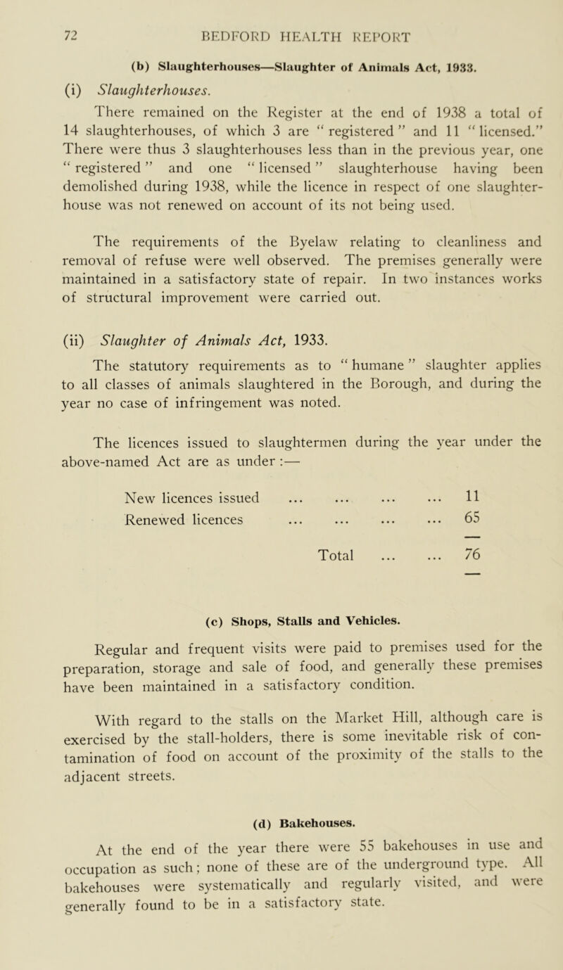 (b) Slaughterhouses—Slaughter of Animals Act, 1933. (i) Slaughterhouses. There remained on the Register at the end of 1938 a total of 14 slaughterhouses, of which 3 are “registered” and 11 “licensed.” There were thus 3 slaughterhouses less than in the previous year, one “ registered ” and one “ licensed ” slaughterhouse having been demolished during 1938, while the licence in respect of one slaughter- house was not renewed on account of its not being used. The requirements of the Byelaw relating to cleanliness and removal of refuse were well observed. The premises generally were maintained in a satisfactory state of repair. In two instances works of structural improvement were carried out. (ii) Slaughter of Animals Act, 1933. The statutory requirements as to “ humane ” slaughter applies to all classes of animals slaughtered in the Borough, and during the year no case of infringement was noted. The licences issued to slaughtermen during the year under the above-named Act are as under ;— New licences issued ... ... ... ... 11 Renewed licences ... ... ... ... 65 Total ... ... 76 (c) Shops, Stalls and Vehicles. Regular and frequent visits were paid to premises used for the preparation, storage and sale of food, and generally these premises have been maintained in a satisfactory condition. With regard to the stalls on the Market Hill, although care is exercised by the stall-holders, there is some inevitable risk of con- tamination of food on account of the proximity of the stalls to the adjacent streets. (d) Bakehouses. At the end of the year there were 55 bakehouses in use and occupation as such; none of these are of the underground type. All bakehouses were systematically and regularly visiteil, and were generally found to be in a satisfactory state.