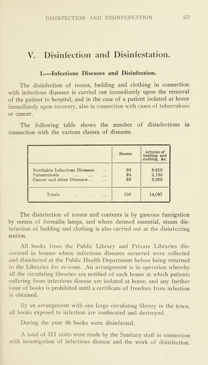 V. Disinfection and Disinfestation. 1.—Infectious Diseases and Disinfection. The disinfection of rooms, bedding and clothing in connection with infectious diseases is carried out immediately upon the removal of the patient to hospital, and in the case of a patient isolated at home immediately upon recovery, also in connection with cases of tuberculosis or cancer. The following table shows the number of disinfections in connection with the various classes of diseases. V Rooms. Articles of bedding and clothing, &c. Notifiable Infectious Diseases 93 8,610 'I'uberculosis . 24 2,125 Cancer and other Diseases ... 39 3,302 Totals .. 156 14,037 The disinfection of rooms and contents is by gaseous fumigation by means of formalin lamps, and where deemed essential, steam dis- infection of bedding and clothing is also carried out at the disinfecting station. All books from the Public Library and Private Libraries dis- covered in houses where infectious diseases occurred were collected and disinfected at the Public Health Department before being returned to the Libraries for re-issue. An arrangement is in operation whereby all the circulating libraries are notified of each house at which patients suffering from infectious disease are isolated at home, and any further issue of books is prohibited until a certificate of freedom from infection is obtained. ]]y an arrangement with one large circulating library in the town, all books exposed to infection are confiscated and destroyed. During the year 46 books were disinfected. A total of 311 visits were made by the Sanitary staff in connection with investigation of infectious disease and the work of disinfection.