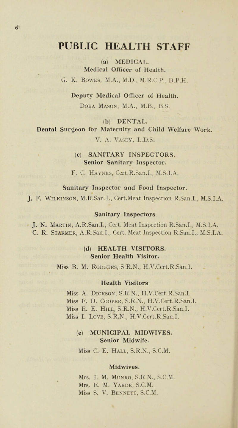 PUBLIC HEALTH STAFF (a) MEDICAL. Medical Officer of Health. G. K. Bowes, M.A., M.D., M.R.C.F., D.P.H. Deputy Medical Officer of Health. Dora Mason, M.A., M.B., B.S. (b) DENTAL. Dental Surgeon for Maternity and Child Welfare Work. V. A. Vasey, L.D.S. (c) SANITARY INSPECTORS. Senior Sanitary Inspector. F. C. Haynes, Cert.R.San.I., M.S.I.A. Sanitary Inspector and Food Inspector. J. F. Wilkinson, M.R.San.L, Cert.Meat Inspection R.San.L, M.S.I.A. Sanitary Inspectors J. N. Martin, A.R.San.L, Cert. Meat Inspection R.San.L, M.S.I.A. C. R. Starmer, a.R.San.L, Cert. Meat Inspection R.San.L, M.S.I.A. (d) HEALTH VISITORS. Senior Health Visitor. Miss B. M. Rodgers, S.R.N., H.V.Cert.R.San.L r Health Visitors Miss A. Dickson, S.R.N., H.V.Cert.R.San.L Miss F. D. Cooper, S.R.N., H.V.Cert.R.San.L Miss E. E. Hill, S.R.N., H.V.Cert.R.San.L Miss I. Love, S.R»N., H.V.Cert.R.San.L (e) MUNICIPAL MIDWIVES. Senior Midwife. Miss C. E. Hall, S.R.N., S.C.M. Midwives. Mrs. I. M. Munro, S.R.N., S.C.M. Mrs. E. M. Yarde, S.C.M.