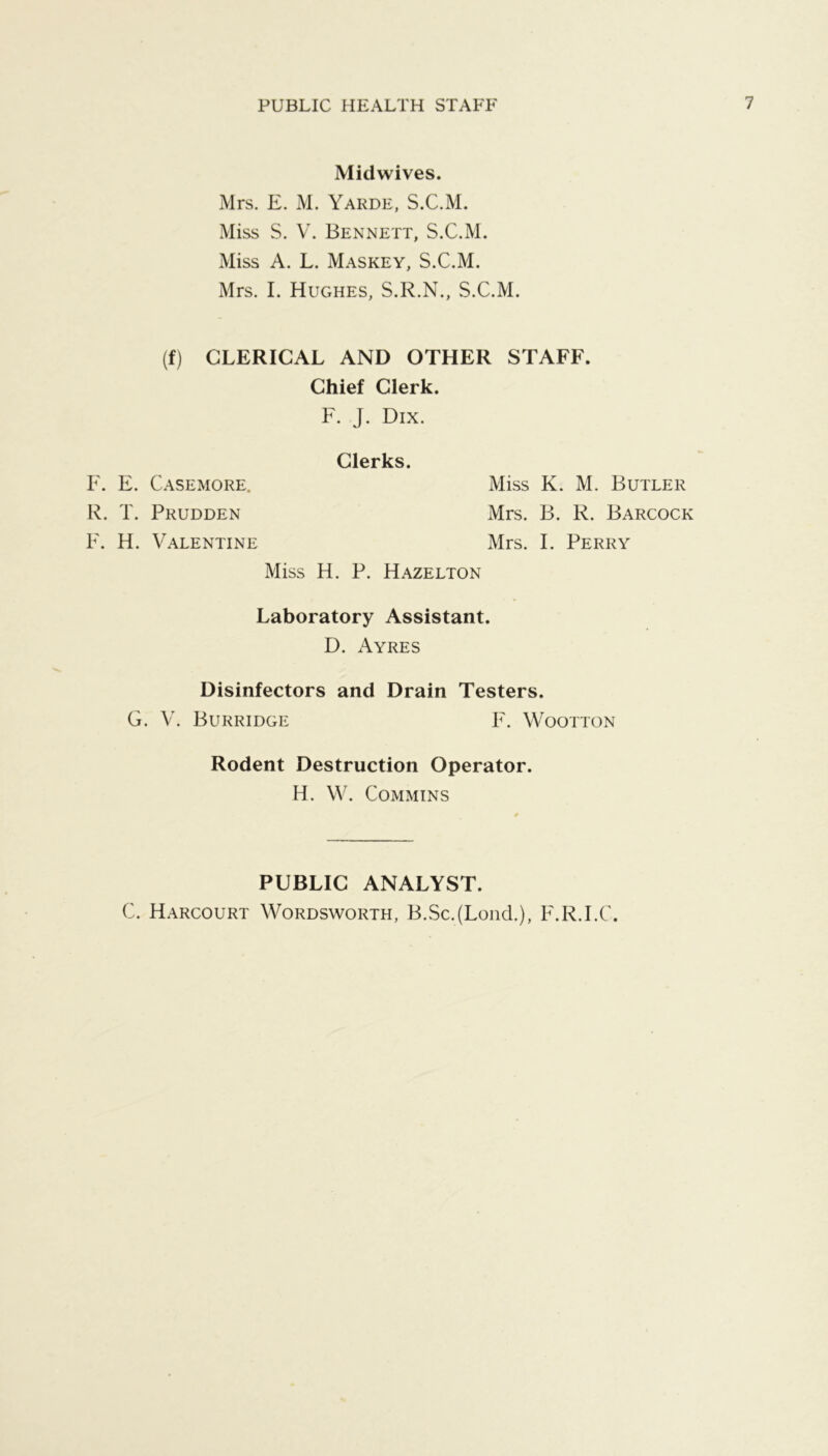 Midwives. Mrs. E. M. Yarde, S.C.M. Miss S. V. Bennett, S.C.M. Miss A. L. Maskey, S.C.M. Mrs. I. Hughes, S.R.N., S.C.M. (f) CLERICAL AND OTHER STAFF. Chief Clerk. F. J. Dix. Clerks. F. E. Casemore. Miss K. M. Butler R. T. Prudden Mrs. B. R. Barcock F. H. Valentine Mrs. I. Perry Miss H. P. Hazelton Laboratory Assistant. D. Ayres Disinfectors and Drain Testers. G. V. Burridge F. Wootton Rodent Destruction Operator. H. W. COMMINS PUBLIC ANALYST. C. Harcourt Wordsworth, B.vSc.(Lond.), F.R.I.C.