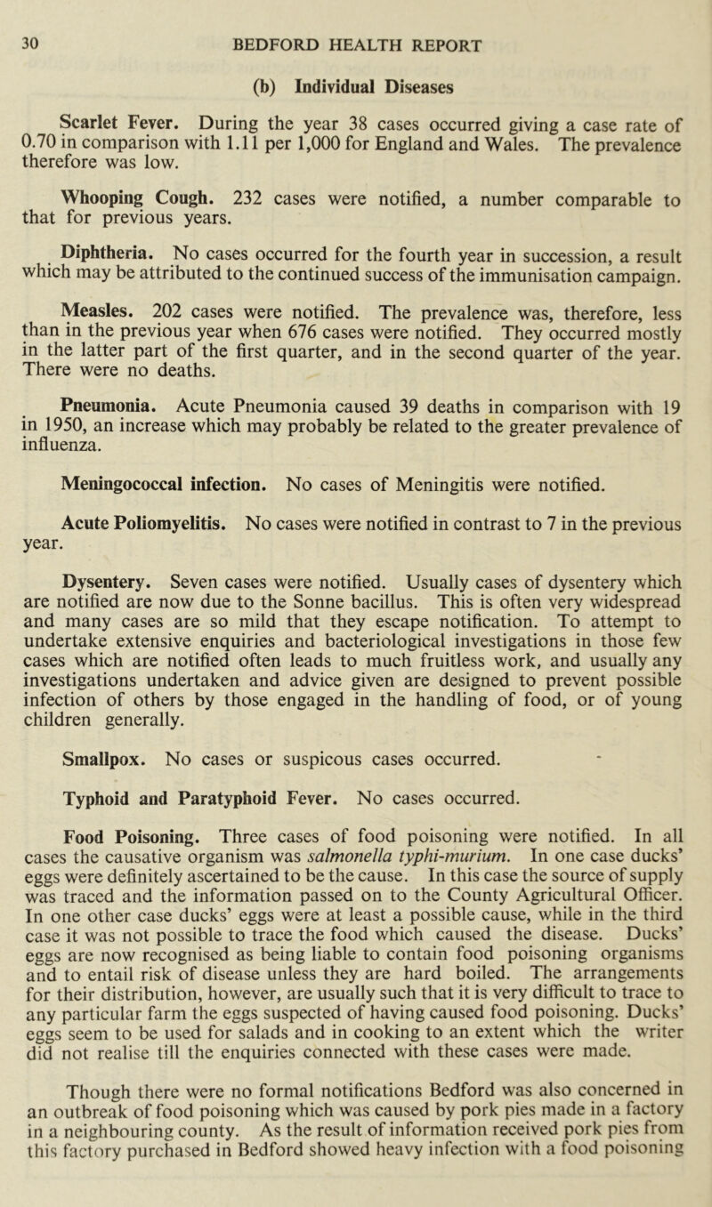 (b) Individual Diseases Scarlet Fever. During the year 38 cases occurred giving a case rate of 0.70 in comparison with 1.11 per 1,000 for England and Wales. The prevalence therefore was low. Whooping Cough. 232 cases were notified, a number comparable to that for previous years. Diphtheria. No cases occurred for the fourth year in succession, a result which may be attributed to the continued success of the immunisation campaign. Measles. 202 cases were notified. The prevalence was, therefore, less than in the previous year when 676 cases were notified. They occurred mostly in the latter part of the first quarter, and in the second quarter of the year. There were no deaths. Pneumonia. Acute Pneumonia caused 39 deaths in comparison with 19 in 1950, an increase which may probably be related to the greater prevalence of influenza. Meningococcal infection. No cases of Meningitis were notified. Acute Poliomyelitis. No cases were notified in contrast to 7 in the previous year. Dysentery. Seven cases were notified. Usually cases of dysentery which are notified are now due to the Sonne bacillus. This is often very widespread and many cases are so mild that they escape notification. To attempt to undertake extensive enquiries and bacteriological investigations in those few cases which are notified often leads to much fruitless work, and usually any investigations undertaken and advice given are designed to prevent possible infection of others by those engaged in the handling of food, or of young children generally. Smallpox. No cases or suspicous cases occurred. Typhoid and Paratyphoid Fever. No cases occurred. Food Poisoning. Three cases of food poisoning were notified. In all cases the causative organism was salmonella typhi-murium. In one case ducks’ eggs were definitely ascertained to be the cause. In this case the source of supply was traced and the information passed on to the County Agricultural Officer. In one other case ducks’ eggs were at least a possible cause, while in the third case it was not possible to trace the food which caused the disease. Ducks’ eggs are now recognised as being liable to contain food poisoning organisms and to entail risk of disease unless they are hard boiled. The arrangements for their distribution, however, are usually such that it is very difficult to trace to any particular farm the eggs suspected of having caused food poisoning. Ducks’ eggs seem to be used for salads and in cooking to an extent which the writer did not realise till the enquiries connected with these cases were made. Though there were no formal notifications Bedford was also concerned in an outbreak of food poisoning which was caused by pork pies made in a factory in a neighbouring county. As the result of information received pork pies from this factory purchased in Bedford showed heavy infection with a food poisoning